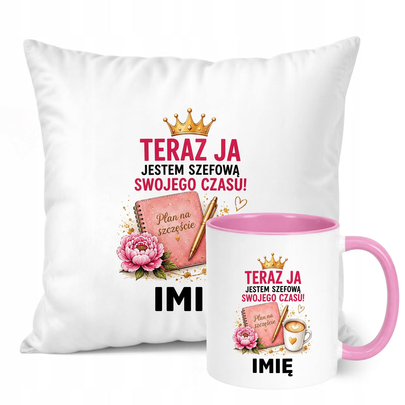 Zestaw Personalizowany Kubek Różowy Poduszka Emerytura Upominek Prezent