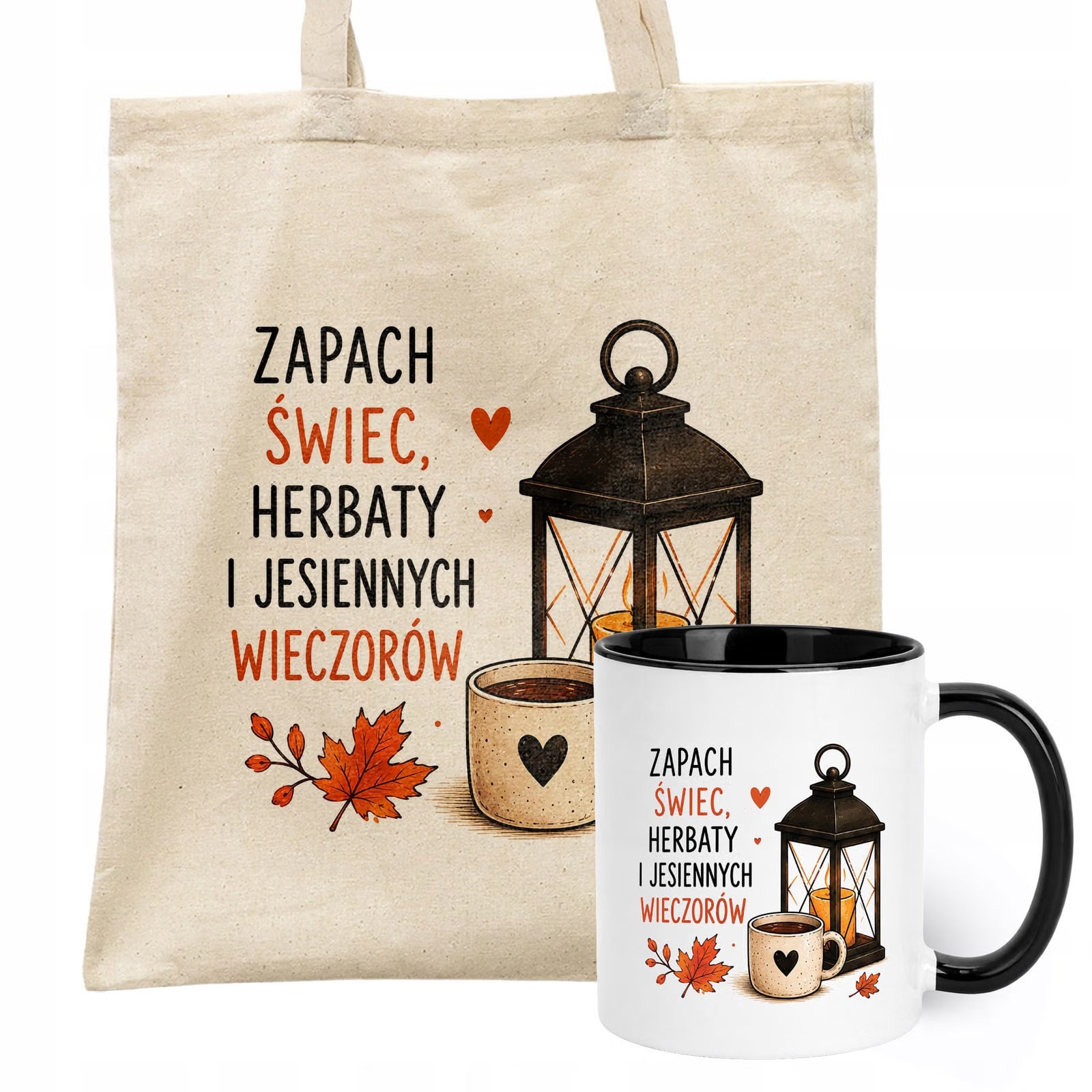 Zestaw Kubek Czarny Torba Shopper Ecru Z Nadrukiem Jesień Jesienny