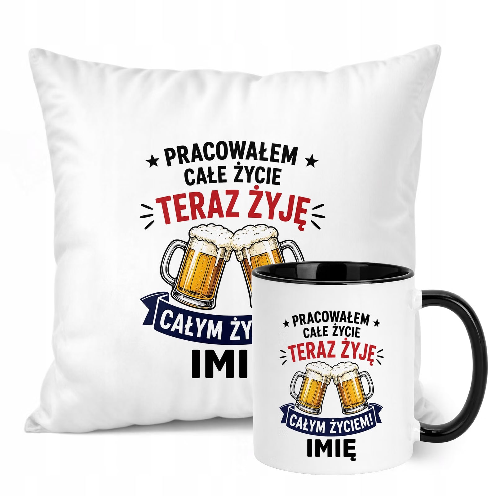 Zestaw Personalizowany Kubek Czarny Poduszka Emerytura Upominek Prezent