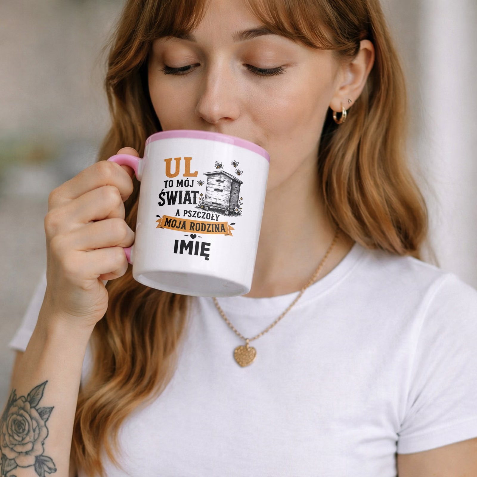 Zestaw Personalizowany Kubek Różowy Poduszka Z Nadrukiem Dla Pszczelarza