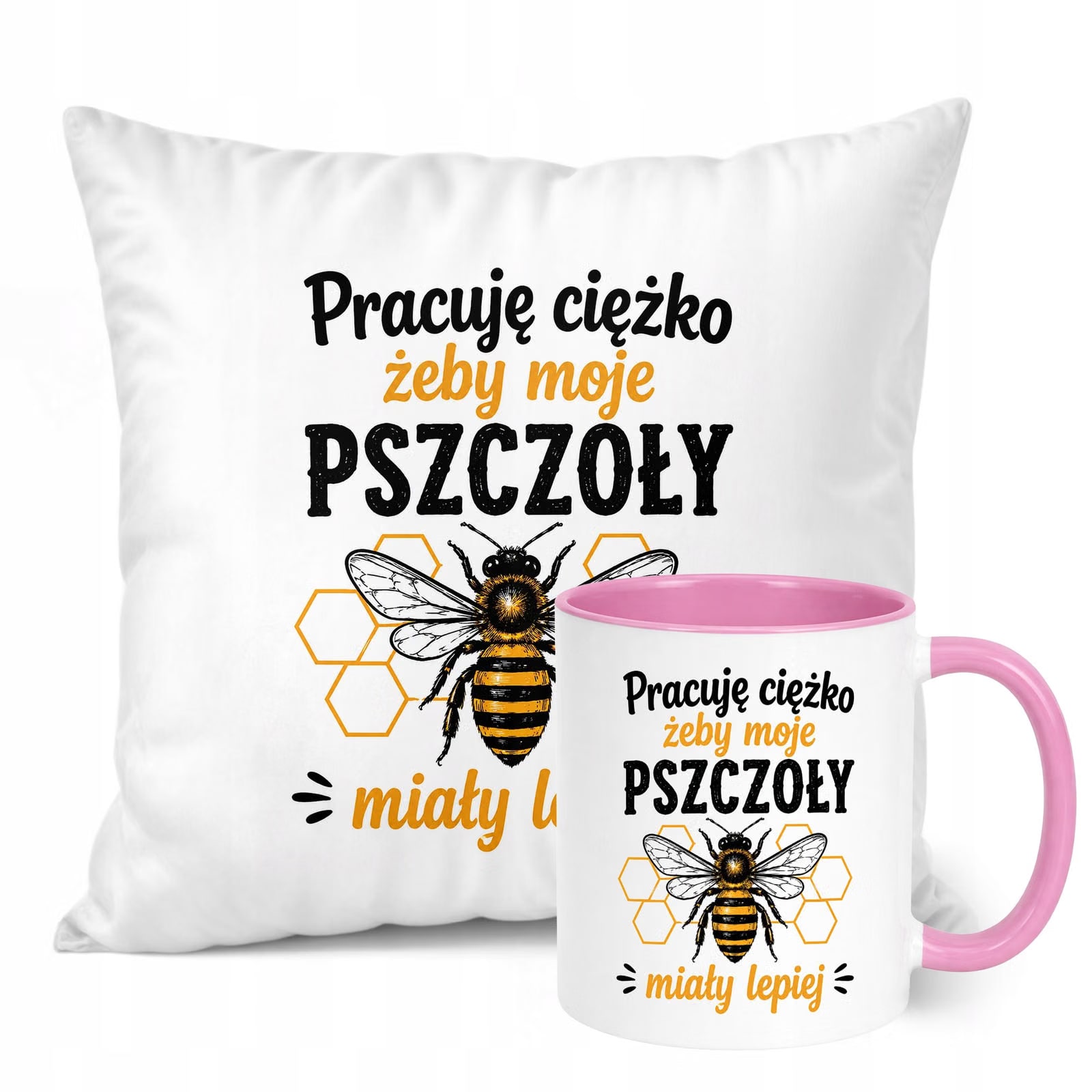 Zestaw Kubek Różowy Poduszka Z Nadrukiem Dla Pszczelarza Prezent
