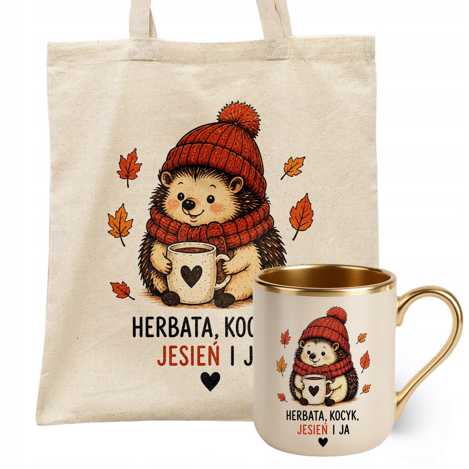 Zestaw Kubek Premium Złoty Ecru Torba Shopper Ecru Z Nadrukiem Jesień