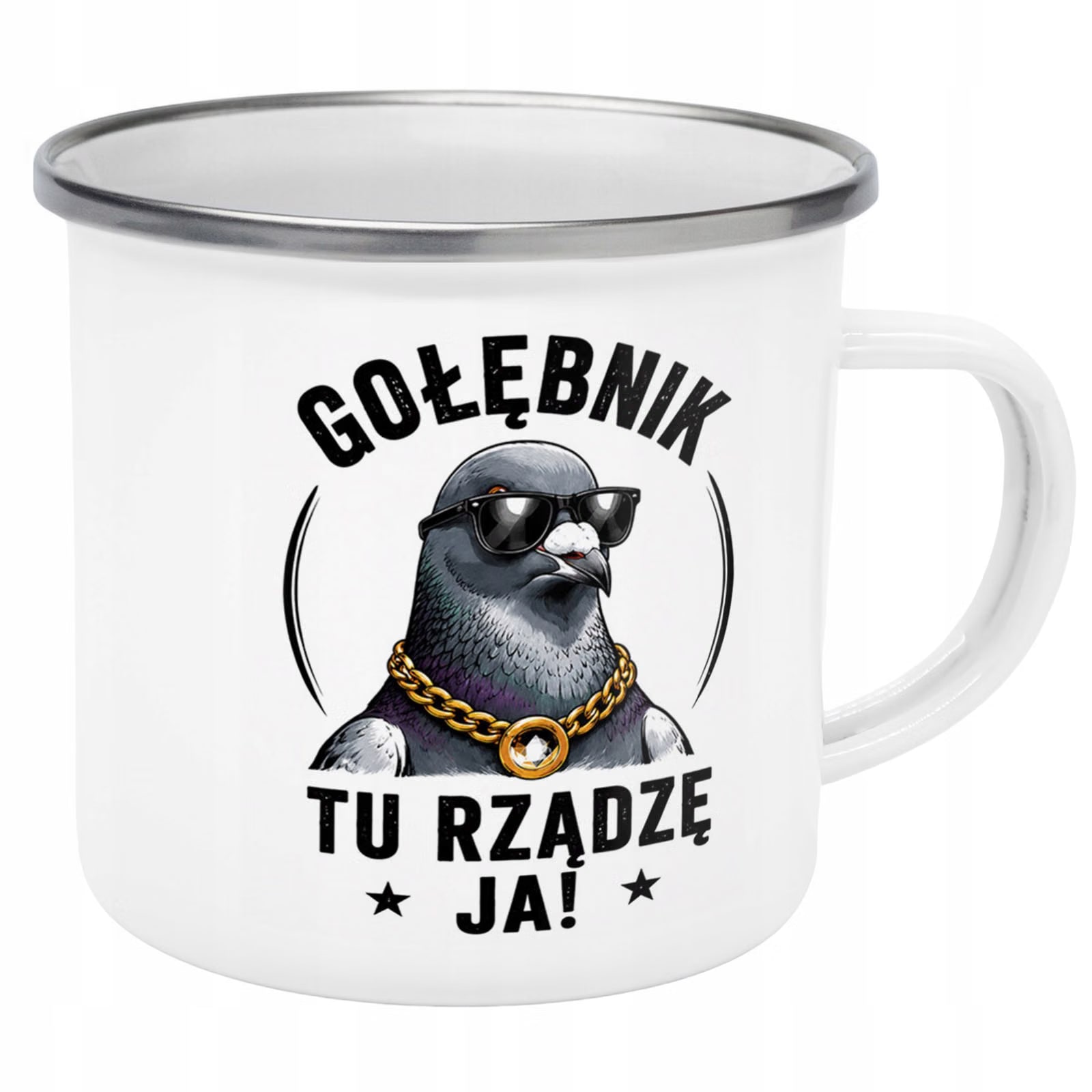 Kubek Emaliowany Dla Hodowcy Gołębi z Nadrukiem Biały Metalowy Prezent