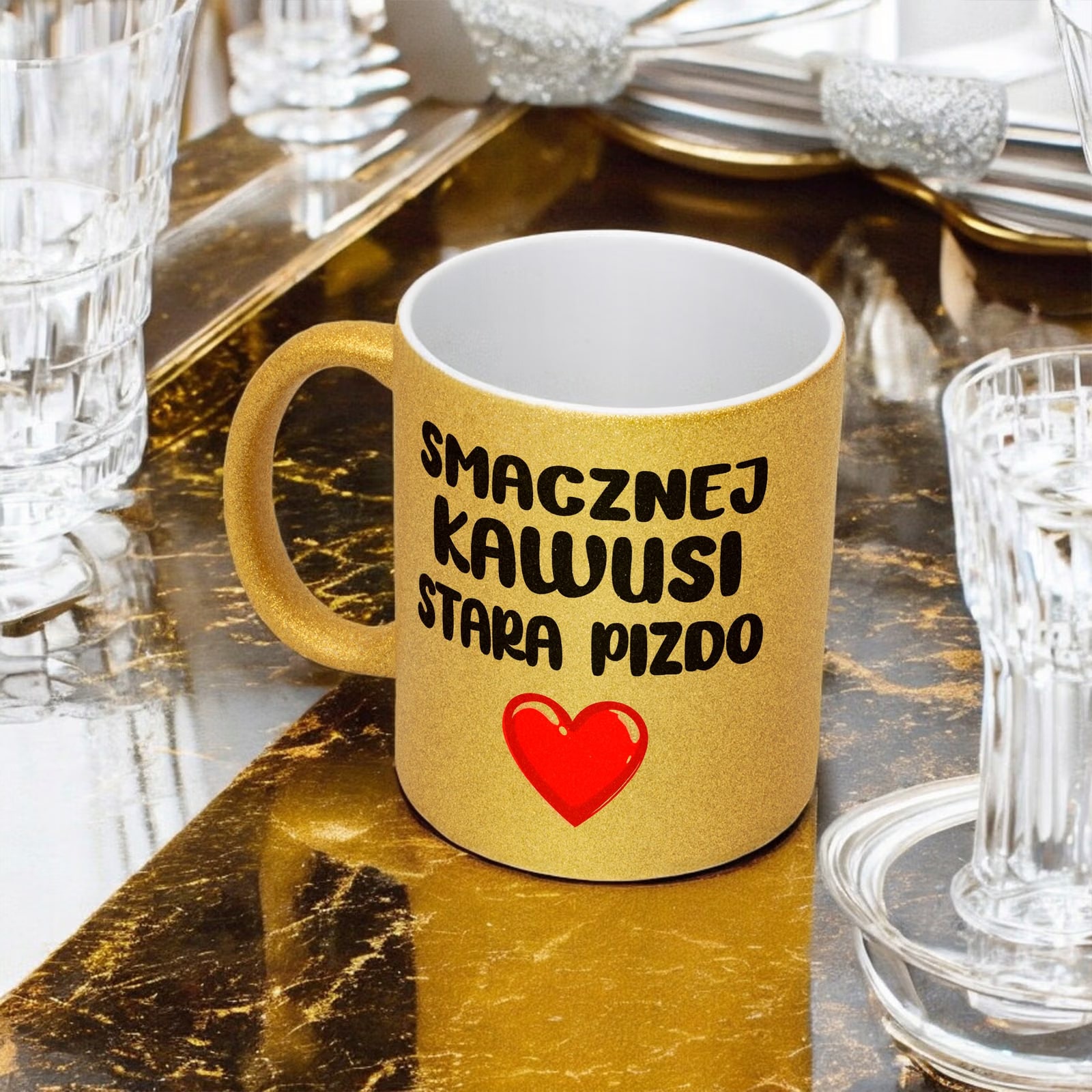 Złoty Kubek Brokatowy Smacznej Kawusi Stara Piz*o Zabawny Prezent