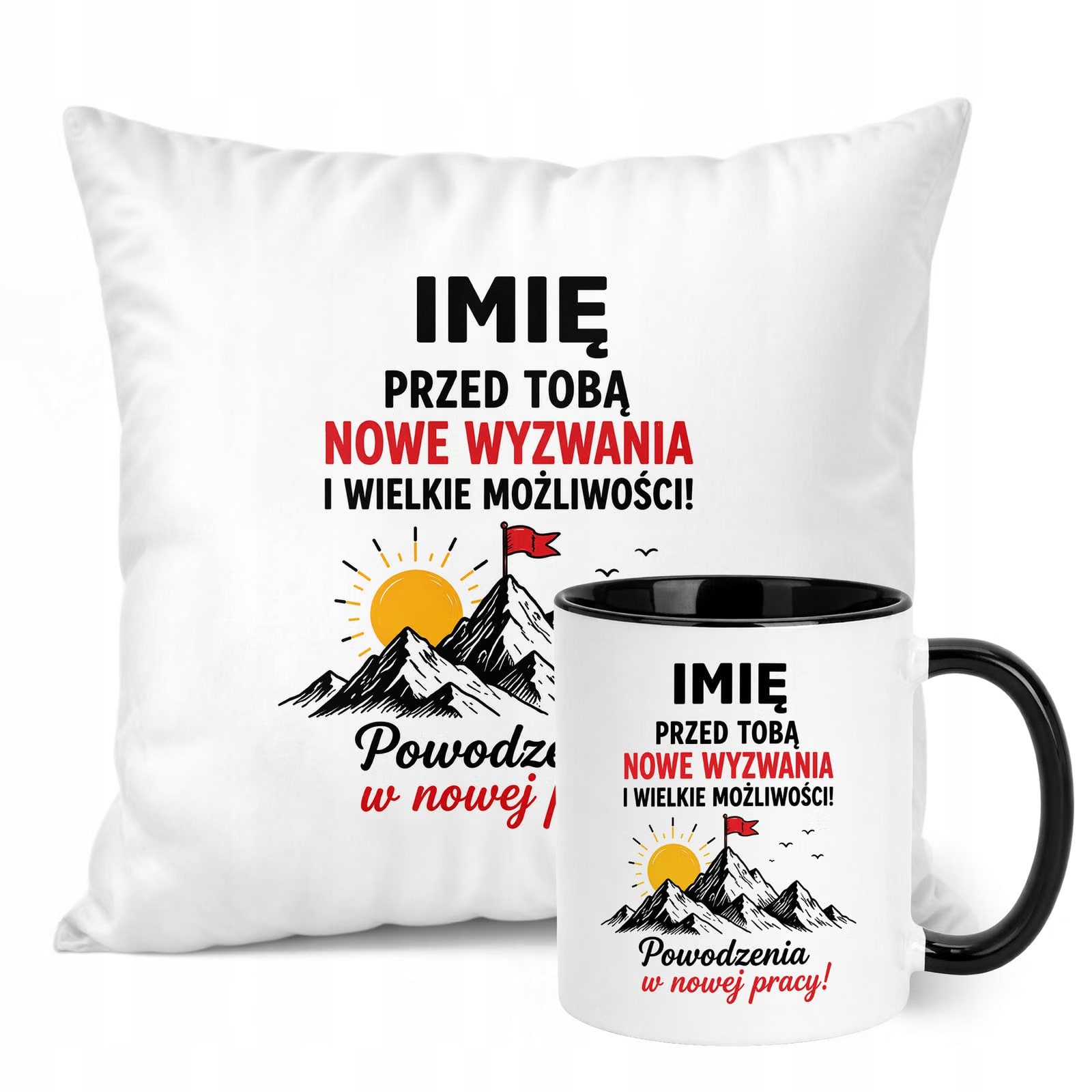 Zestaw Personalizowany Kubek Czarny Poduszka Odejście z Pracy Prezent