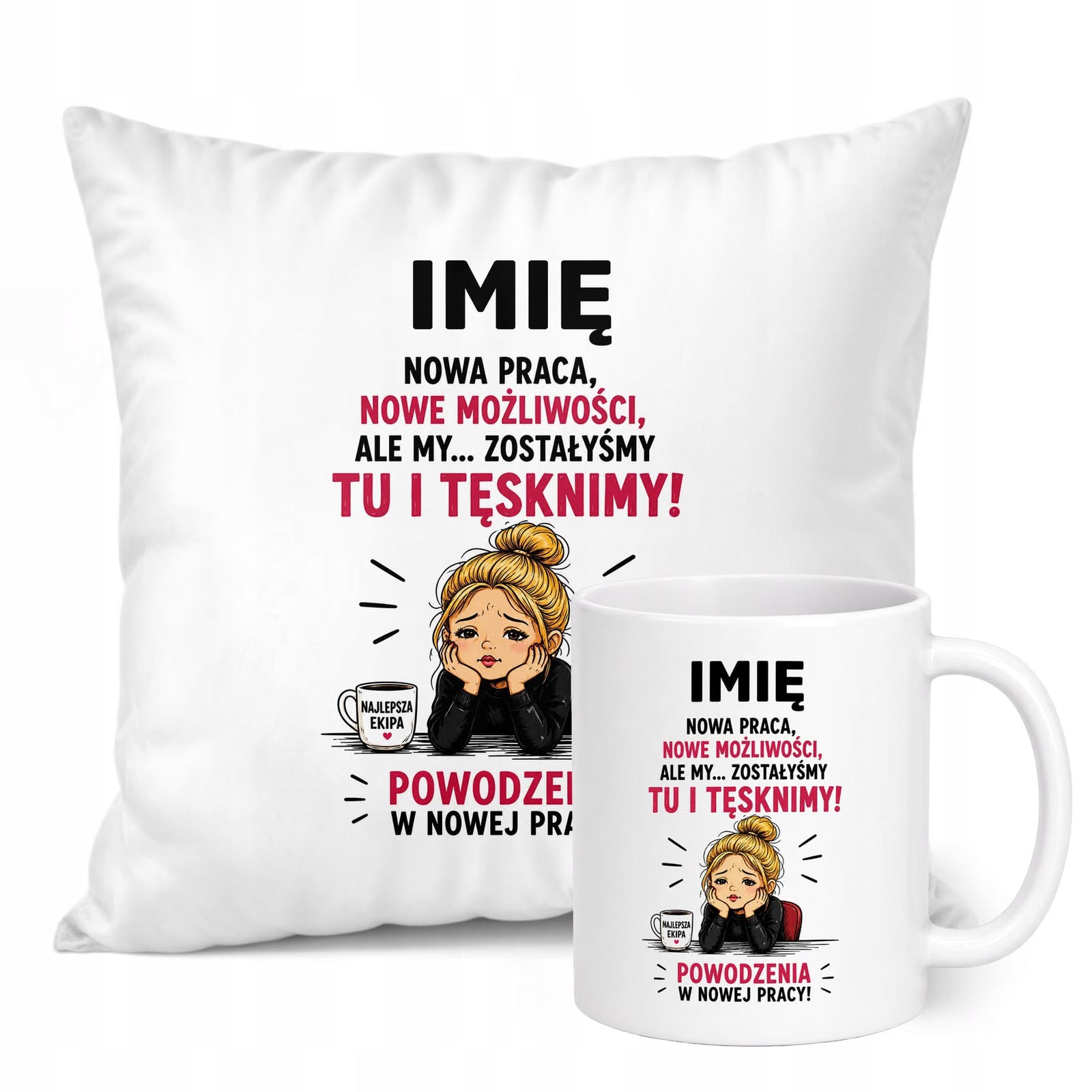 Zestaw Personalizowany Kubek Biały Poduszka Odejście z Pracy Prezent
