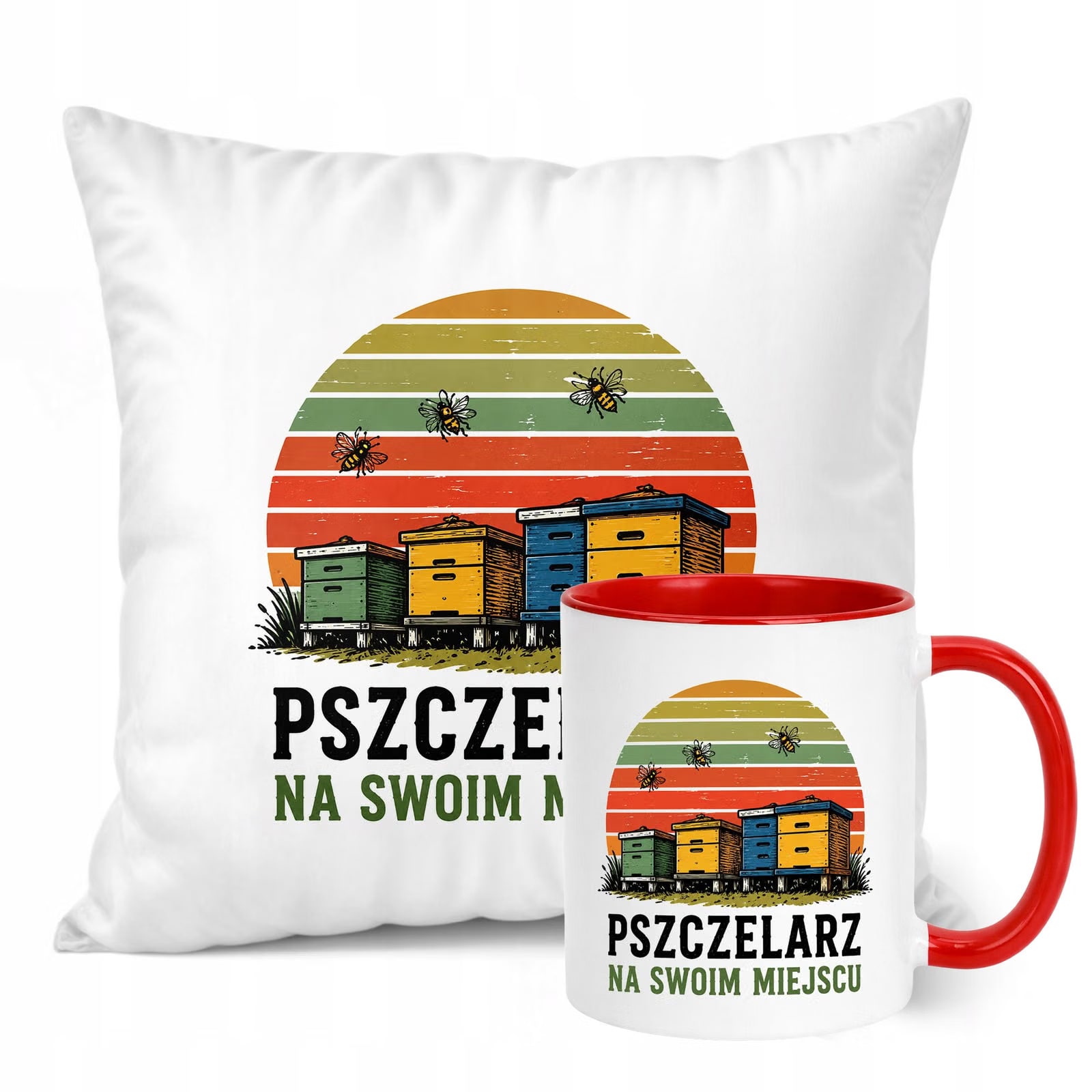 Zestaw Kubek Czerwony Poduszka Z Nadrukiem Dla Pszczelarza Prezent