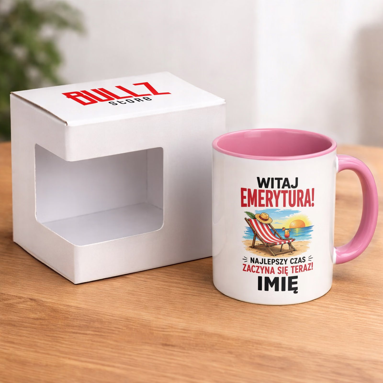 Kubek Różowy Personalizowany z Nadrukiem Emerytura Upominek Prezent
