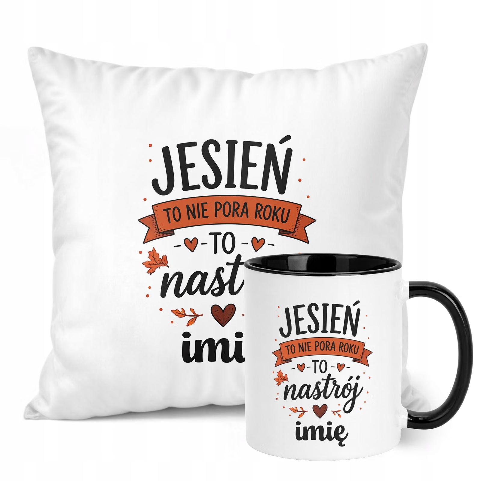 Zestaw Personalizowany Kubek Czarny Poduszka Jesień Jesienny Z Nadrukiem