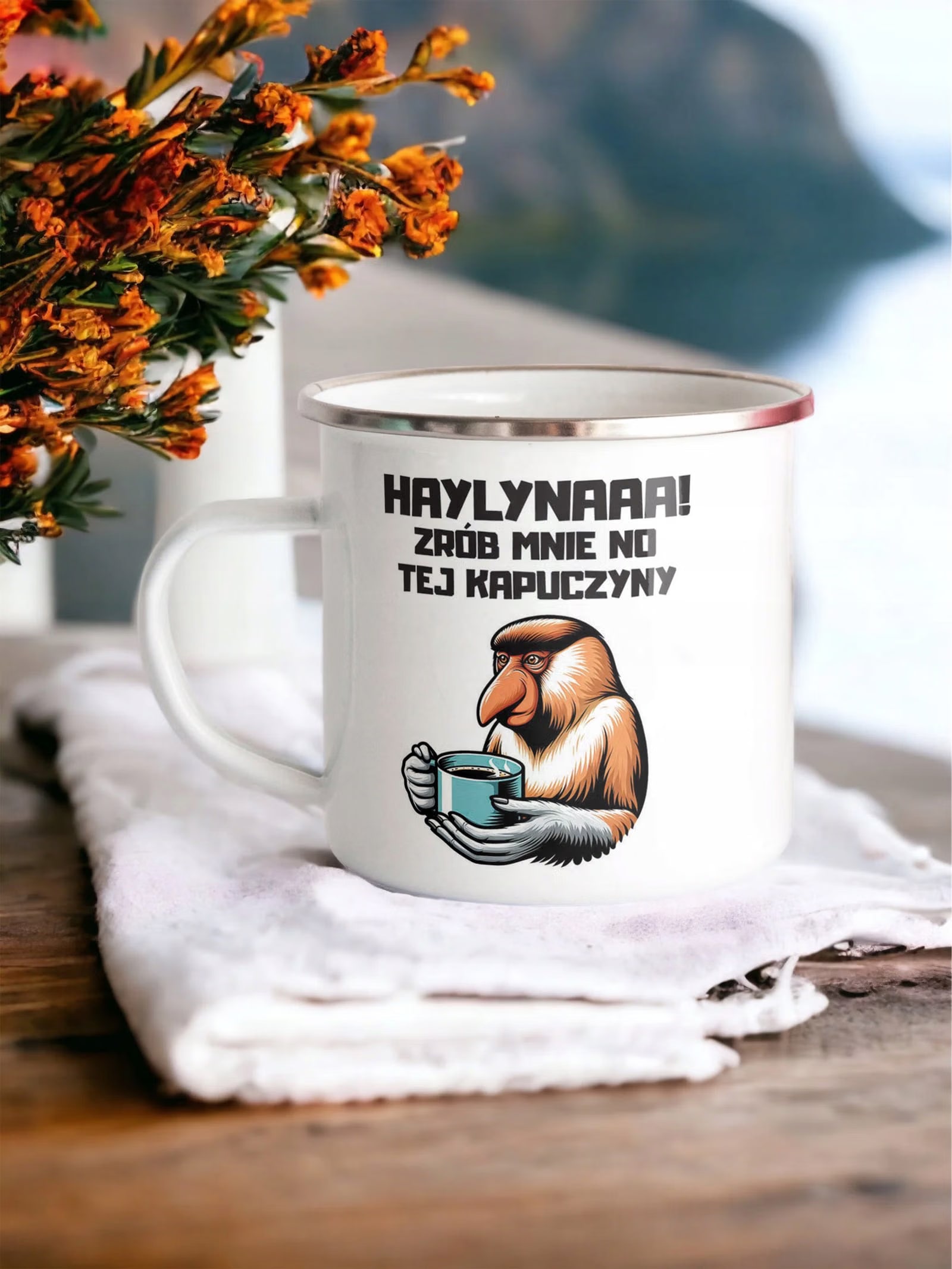 Kubek Emaliowany Janusz Nosacz Kawa Zabawny z Nadrukiem Biały Metalowy