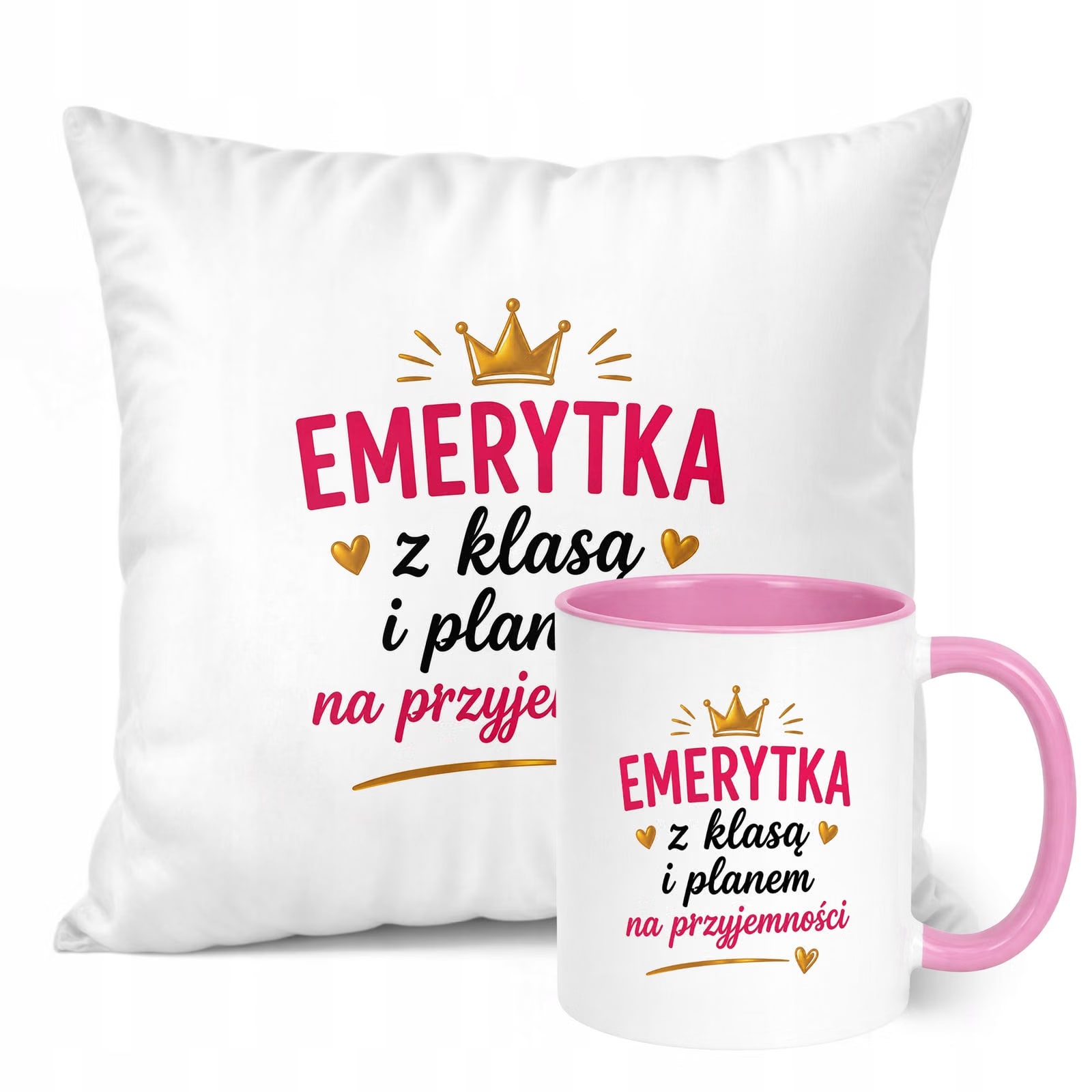 Zestaw Kubek Różowy Poduszka Z Nadrukiem Emerytura Dla Emerytki Prezent