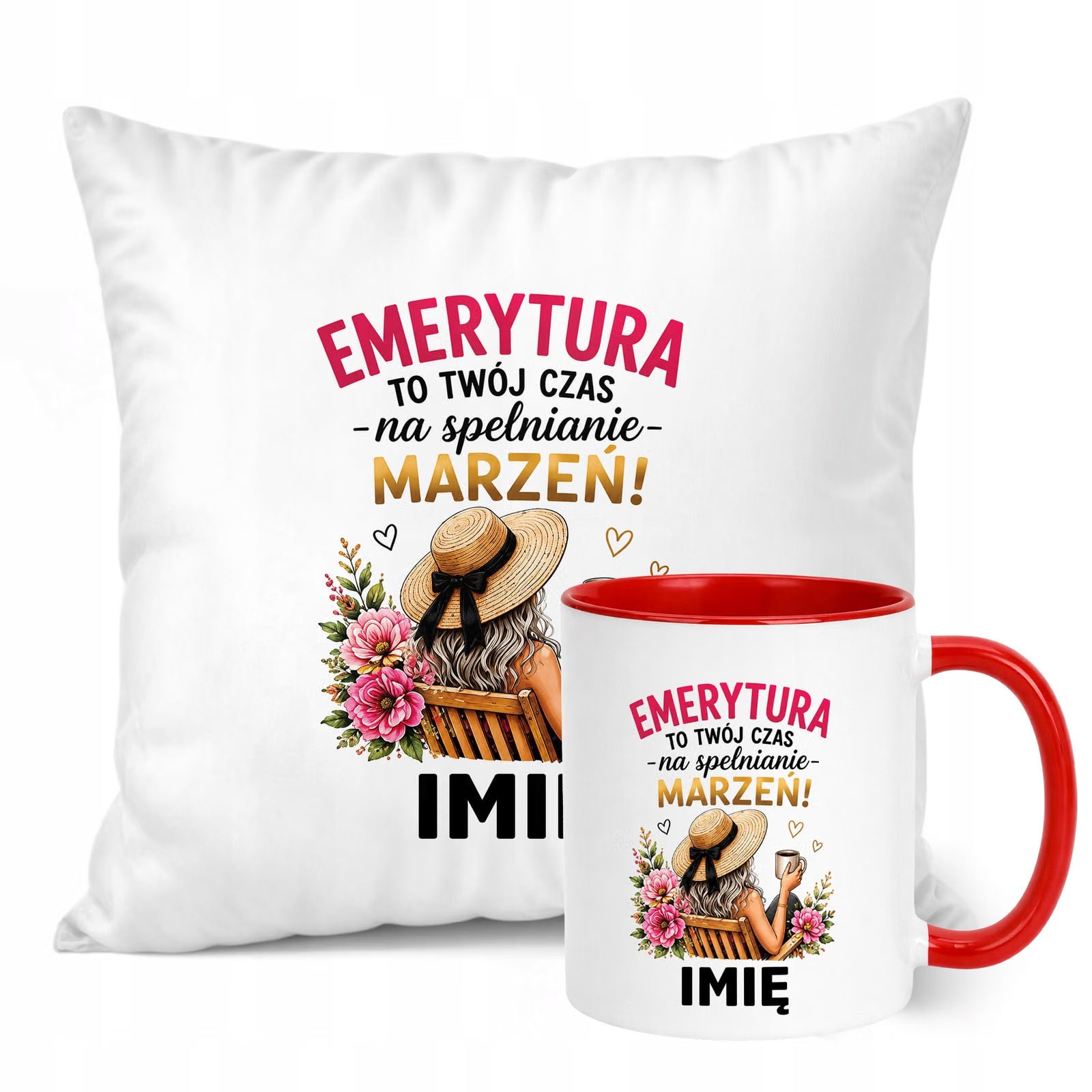 Zestaw Personalizowany Kubek Czerwony Poduszka Emerytura Upominek Prezent