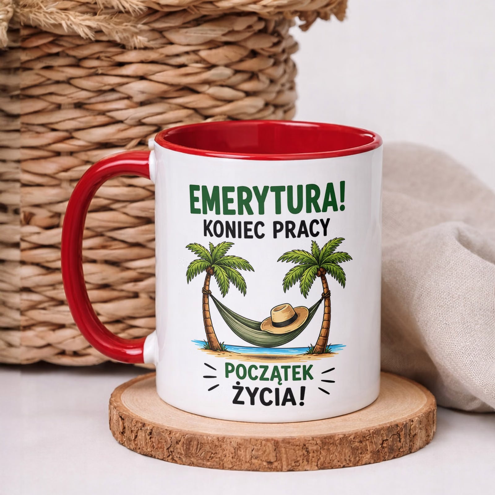 Kubek Czerwony z nadrukiem Emerytura Dla Emeryta Emerytki Upominek Prezent