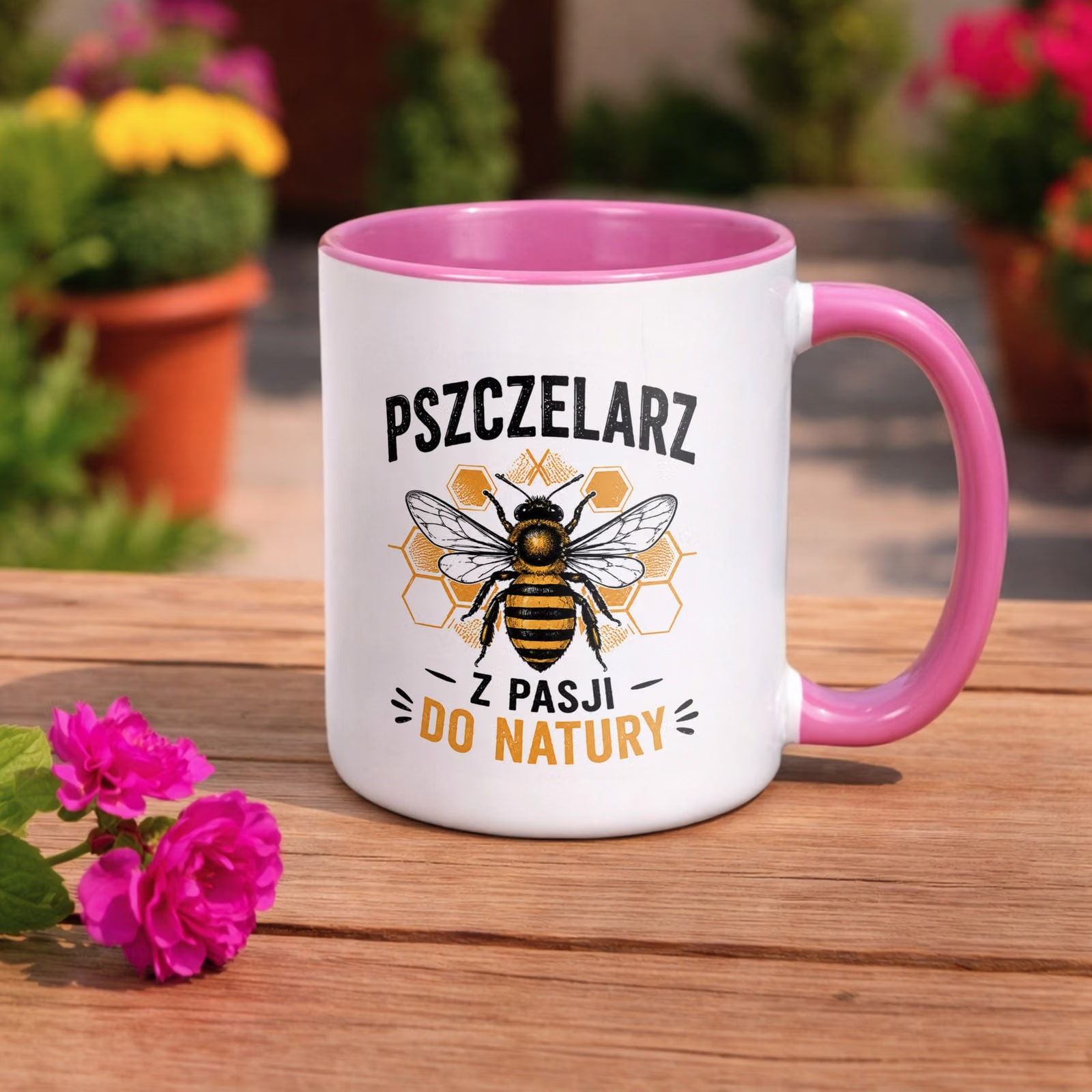 Różowy Kubek z nadrukiem Dla Pszczelarza Szef Pasieki Upominek Prezent