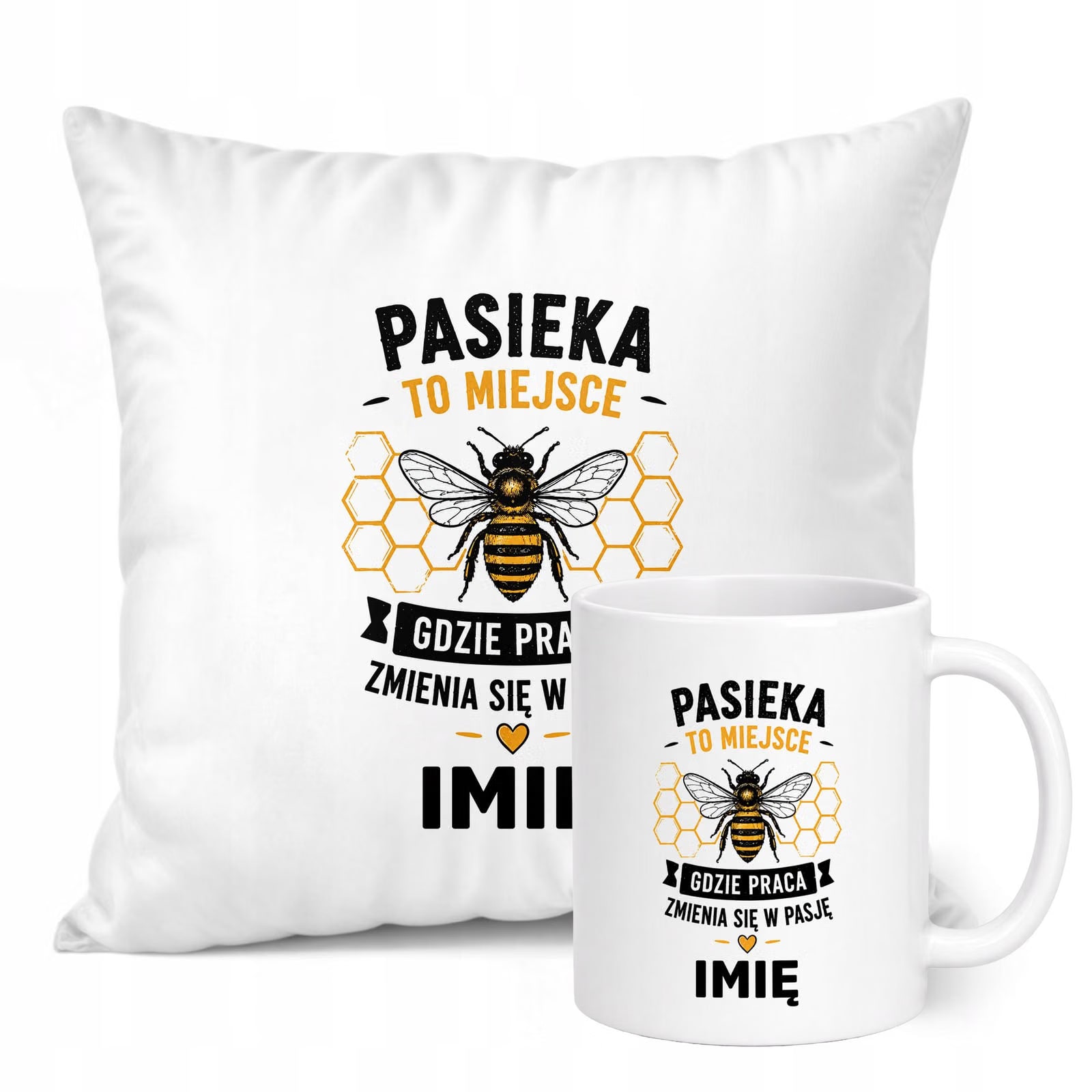 Zestaw Personalizowany Kubek Biały Poduszka Z Nadrukiem Dla Pszczelarza