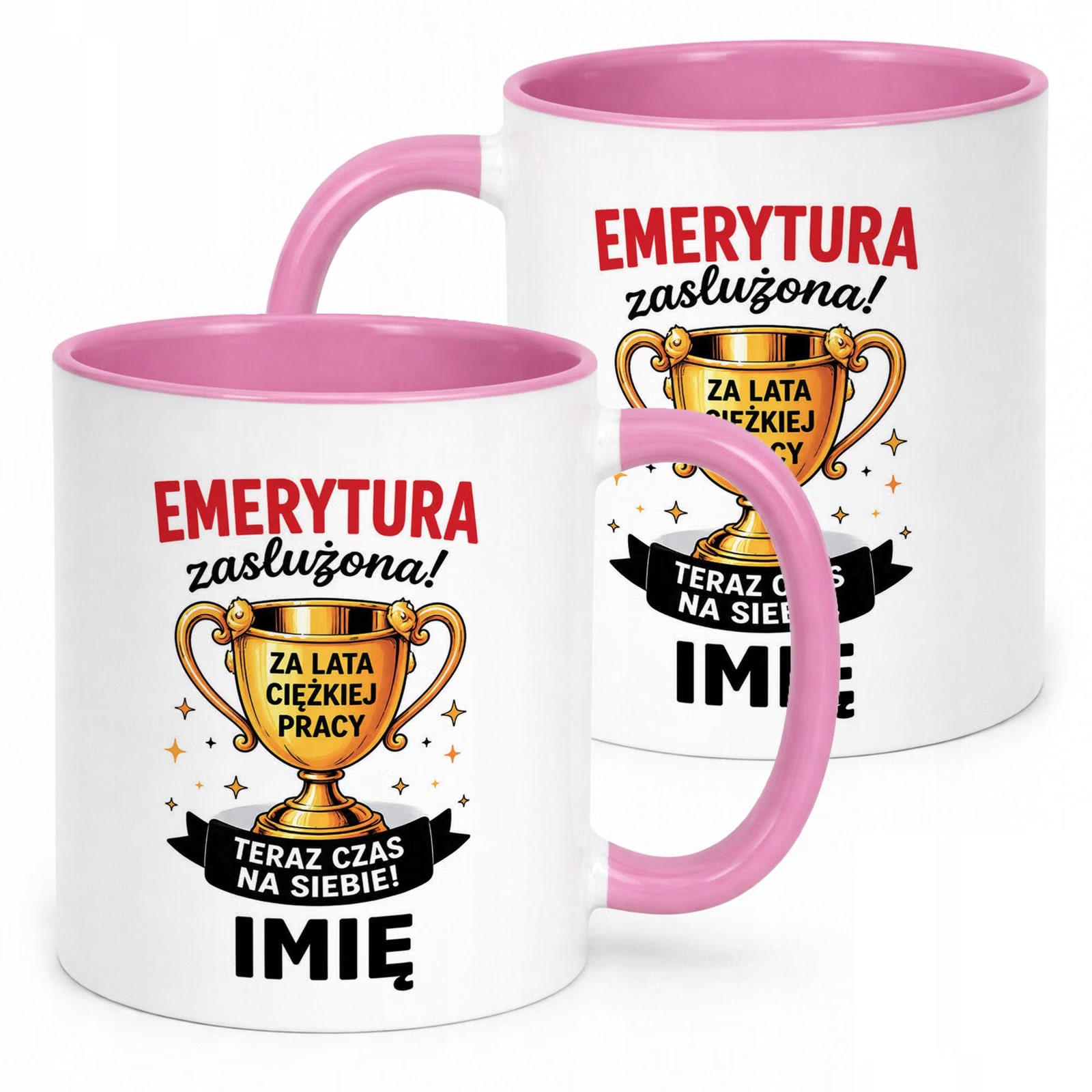 Kubek Różowy Personalizowany z Nadrukiem Emerytura Upominek Prezent