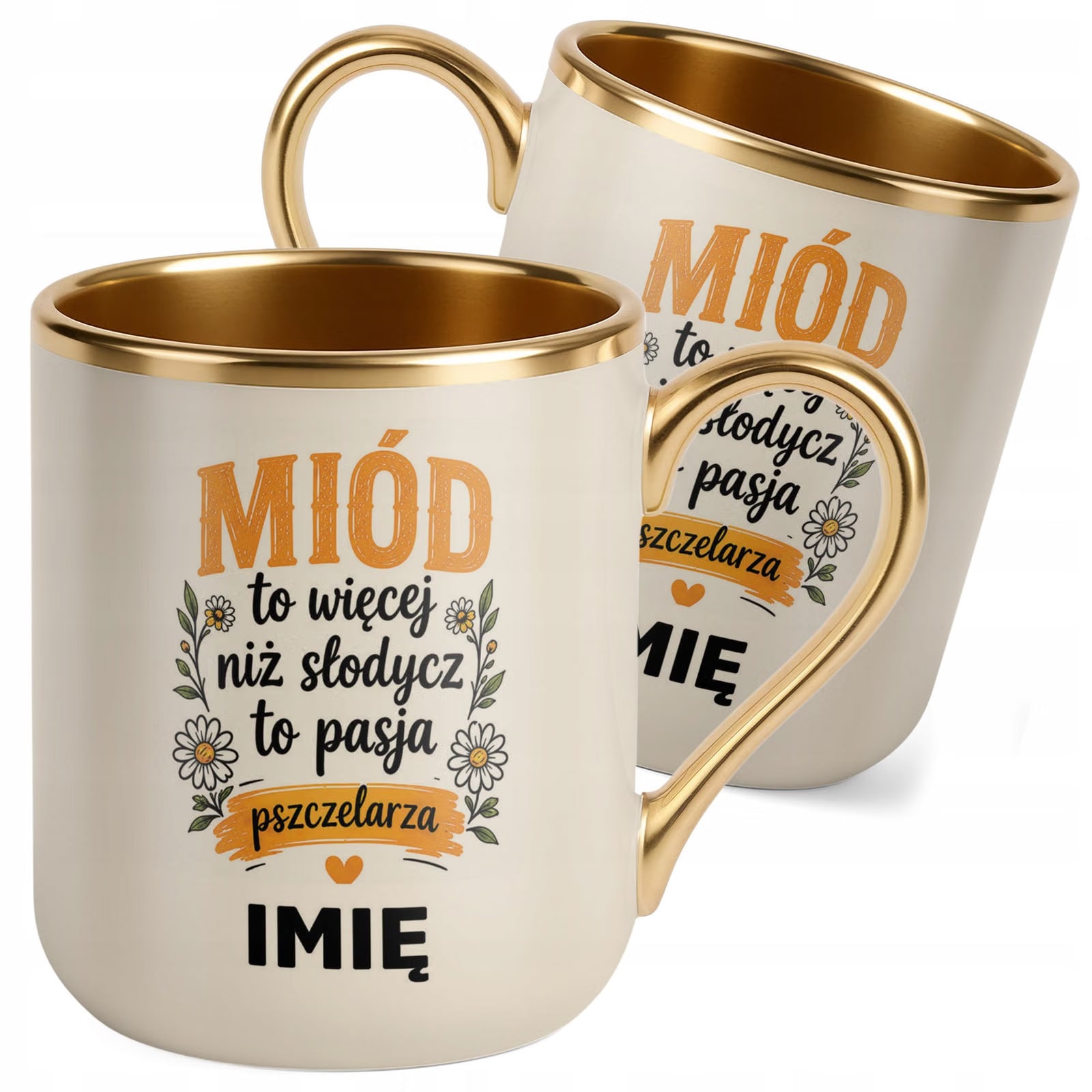 Kubek Personalizowany z nadrukiem Premium Złoty Ecru Dla Pszczelarza