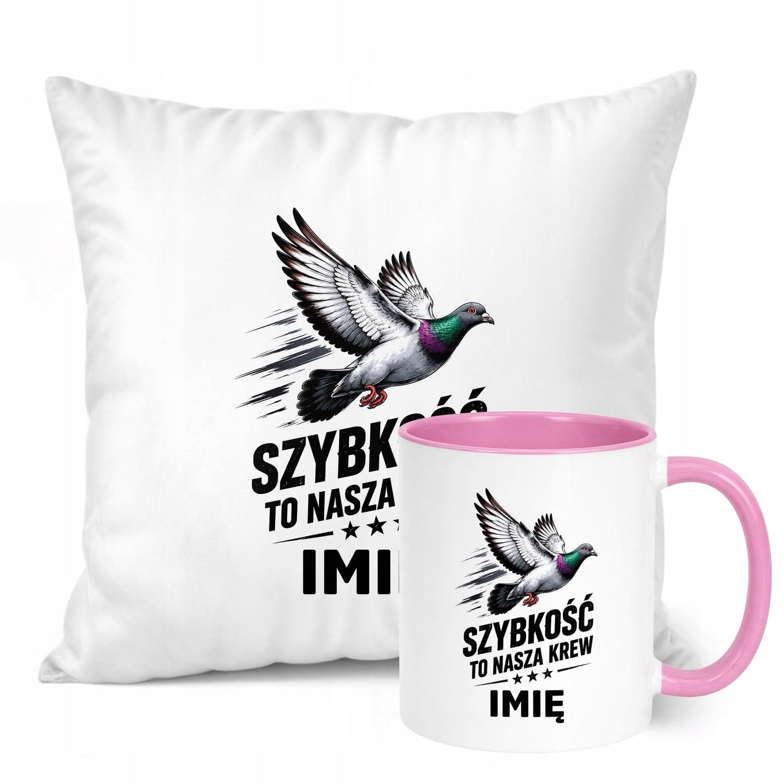 Zestaw Personalizowany Kubek Różowy Poduszka Z Nadrukiem Dla Gołębiarza