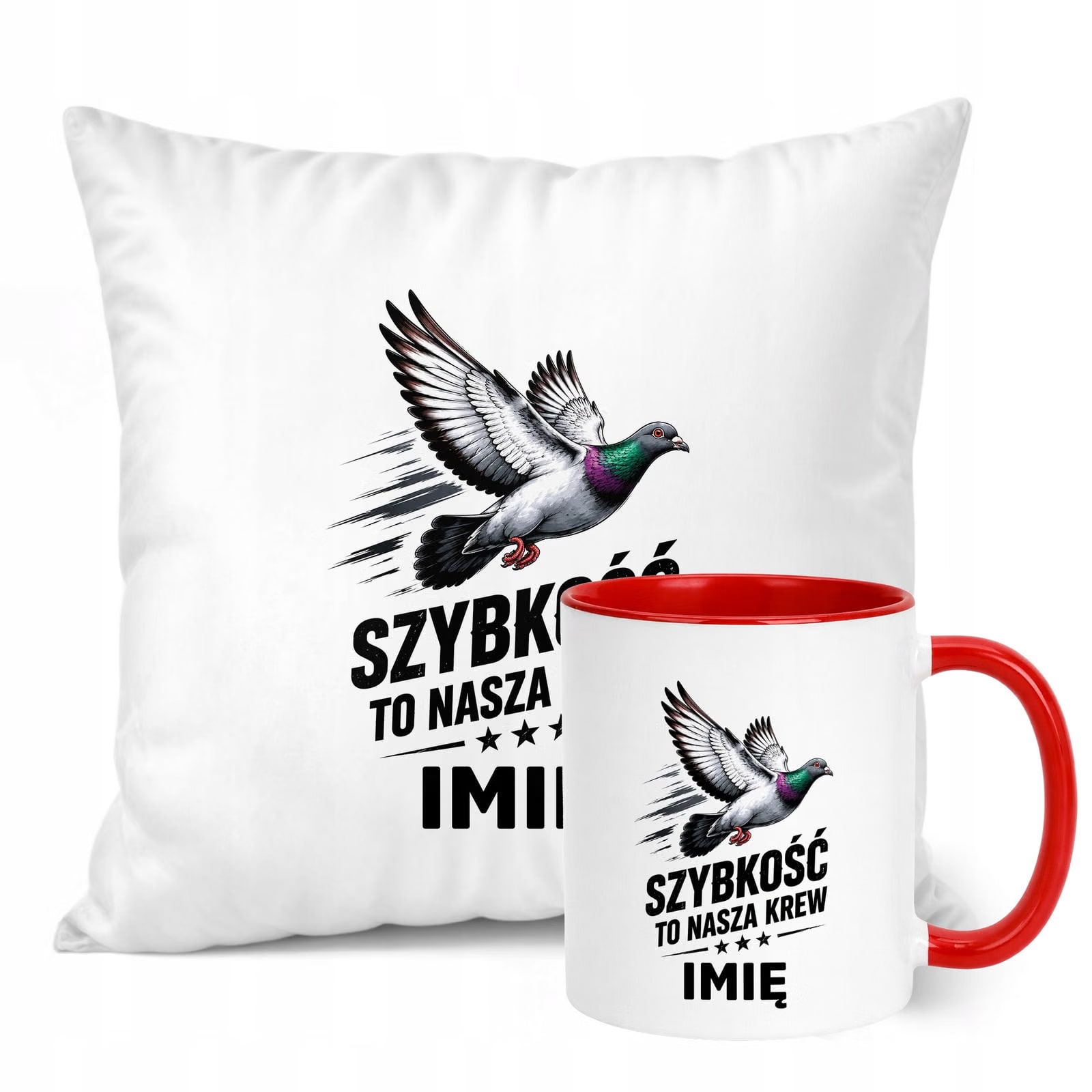 Zestaw Personalizowany Kubek Czerwony Poduszka Z Nadrukiem Dla Gołębiarza