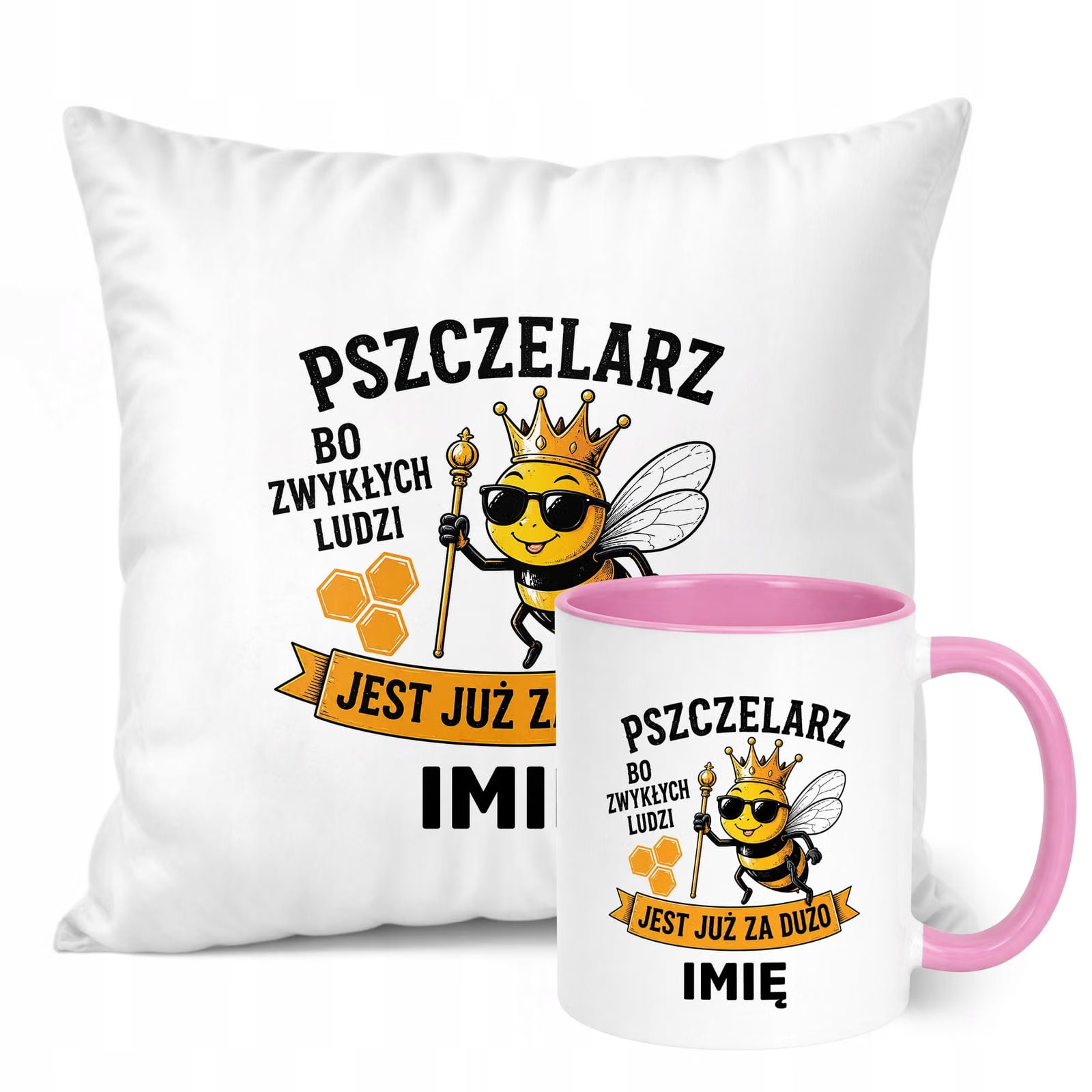 Zestaw Personalizowany Kubek Różowy Poduszka Z Nadrukiem Dla Pszczelarza