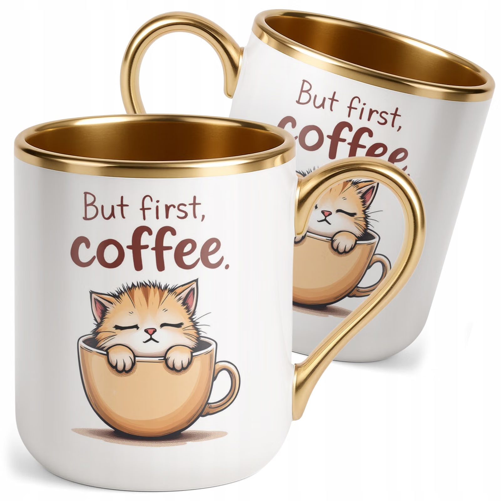 Kubek Premium Złoty But First Coffee Kawa Kot Dla Kociary Prezent