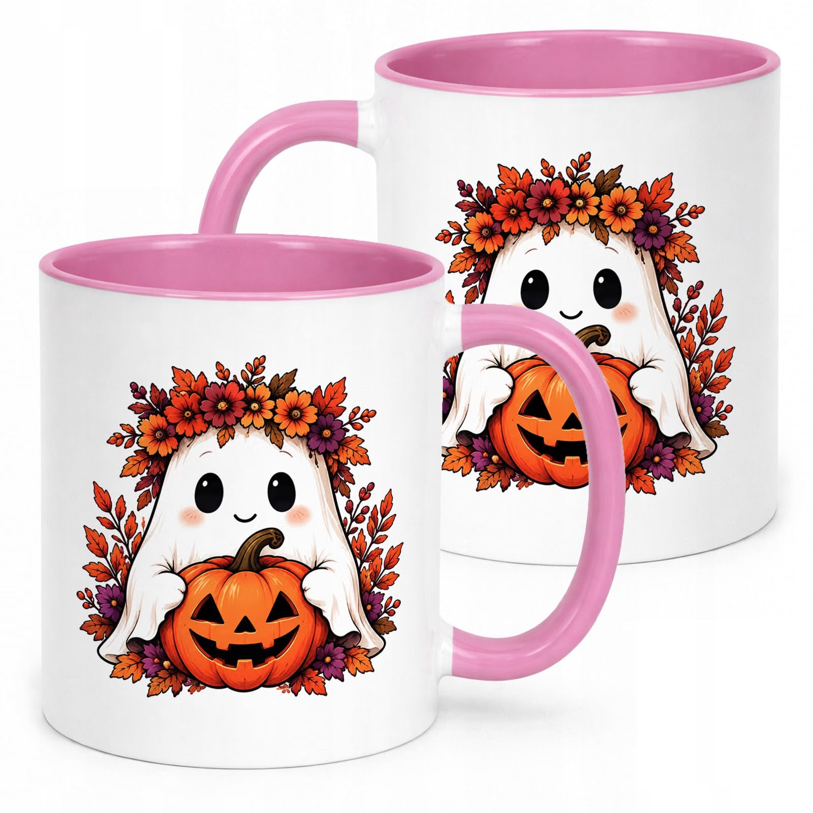 Kubek Różowy z Nadrukiem Halloween Jesień Duch Dynia Prezent Upominek