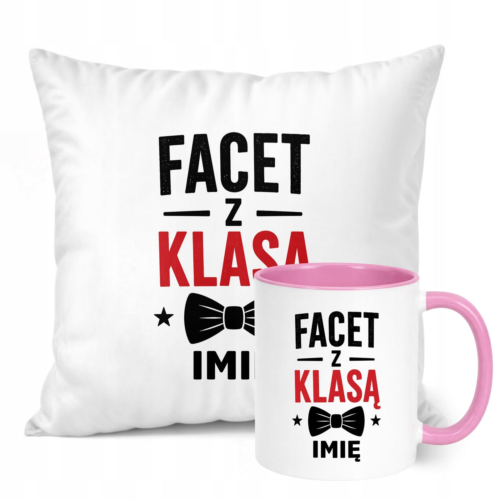 Zestaw Personalizowany Kubek Różowy Poduszka Dzień Chłopaka Z Nadrukiem