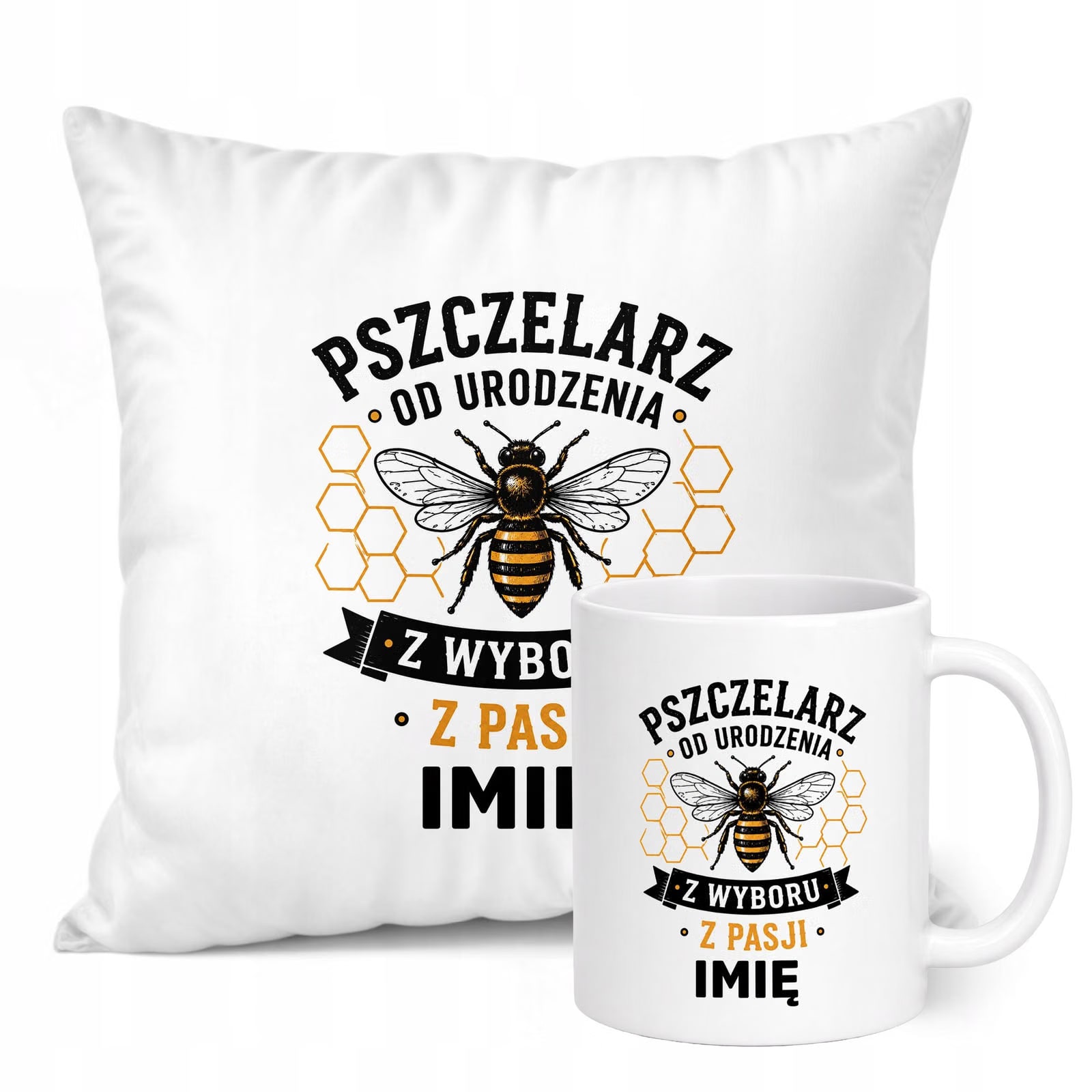 Zestaw Personalizowany Kubek Biały Poduszka Z Nadrukiem Dla Pszczelarza