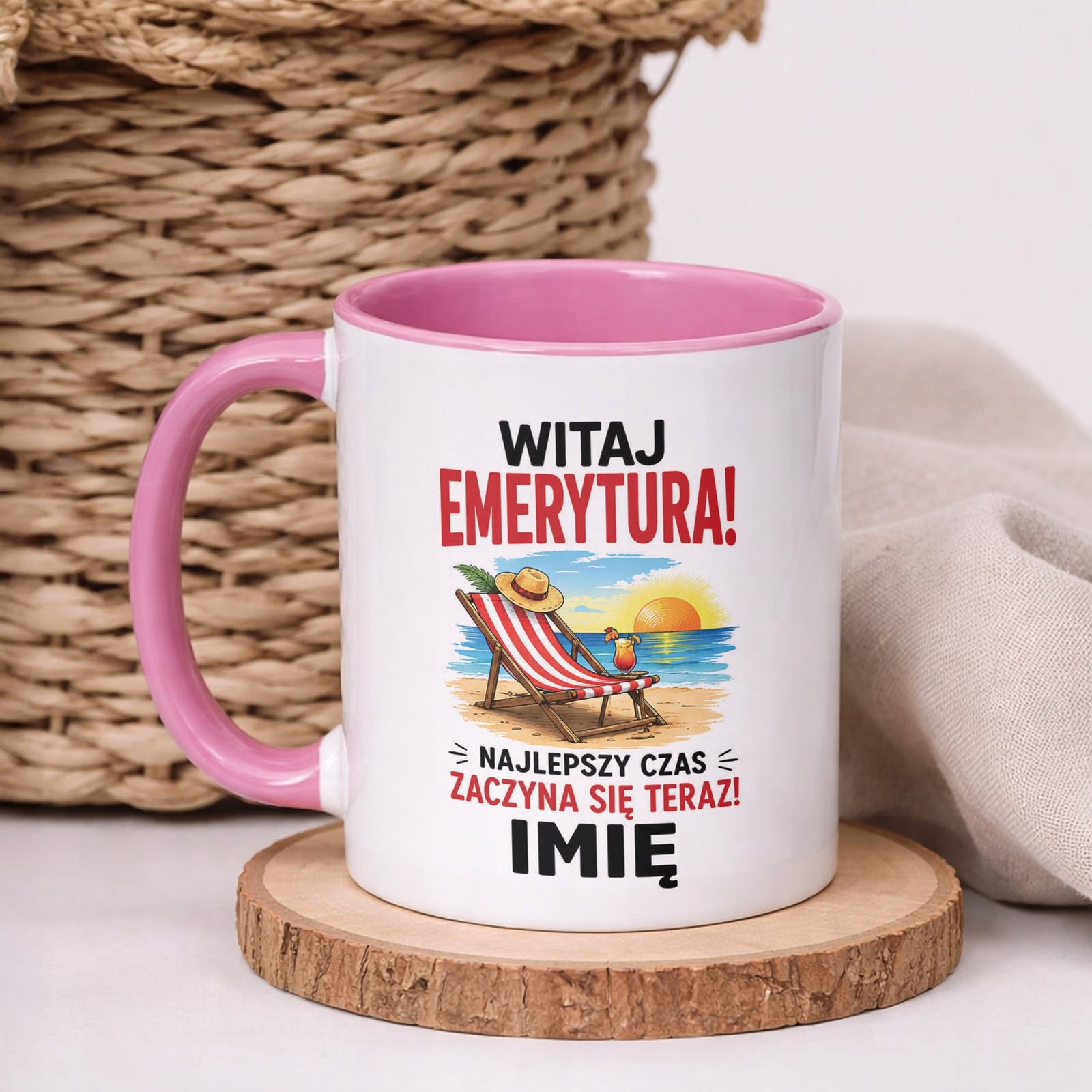 Kubek Różowy Personalizowany z Nadrukiem Emerytura Upominek Prezent