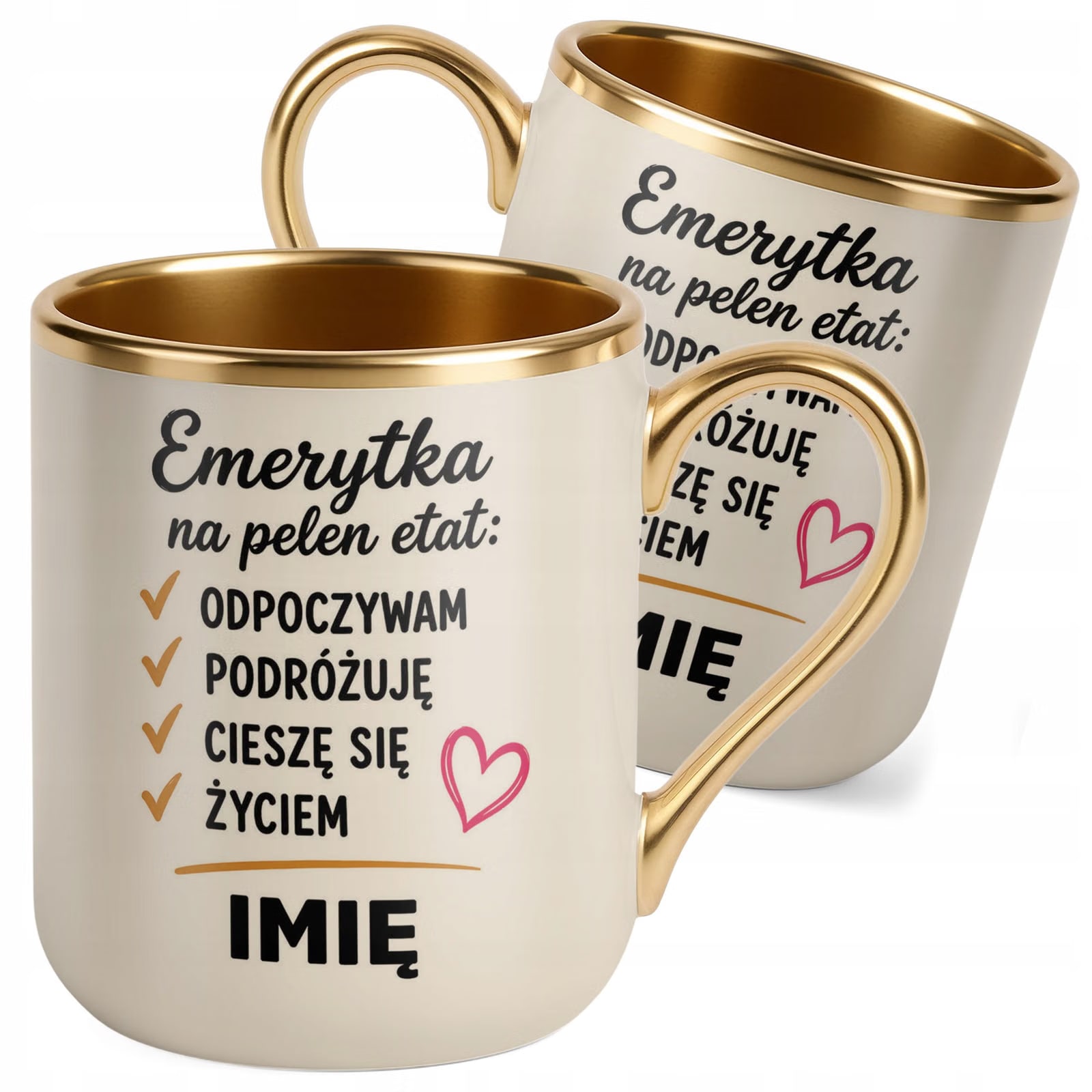 Kubek Personalizowany z nadrukiem Premium Złoty Ecru Emerytura Prezent