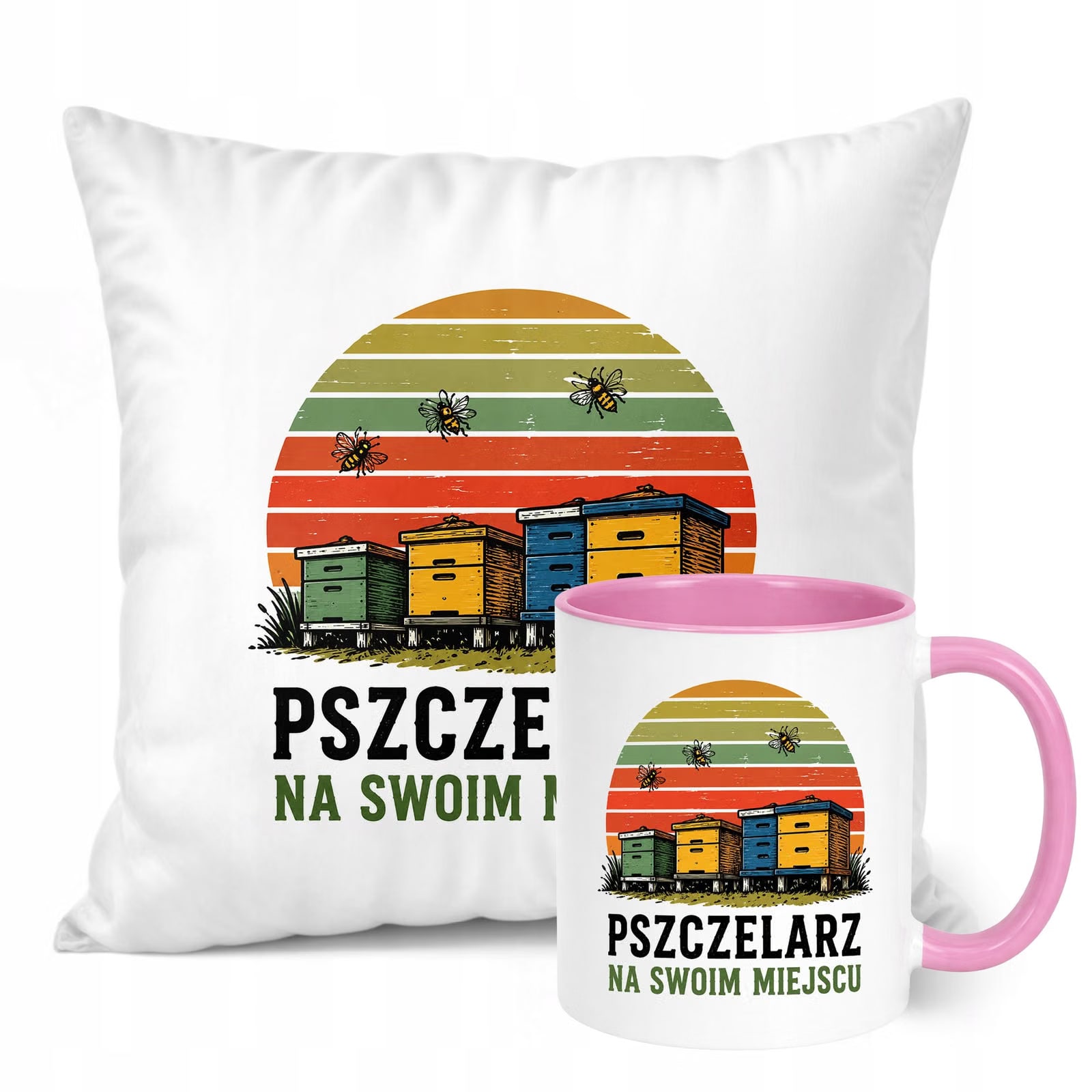 Zestaw Kubek Różowy Poduszka Z Nadrukiem Dla Pszczelarza Prezent