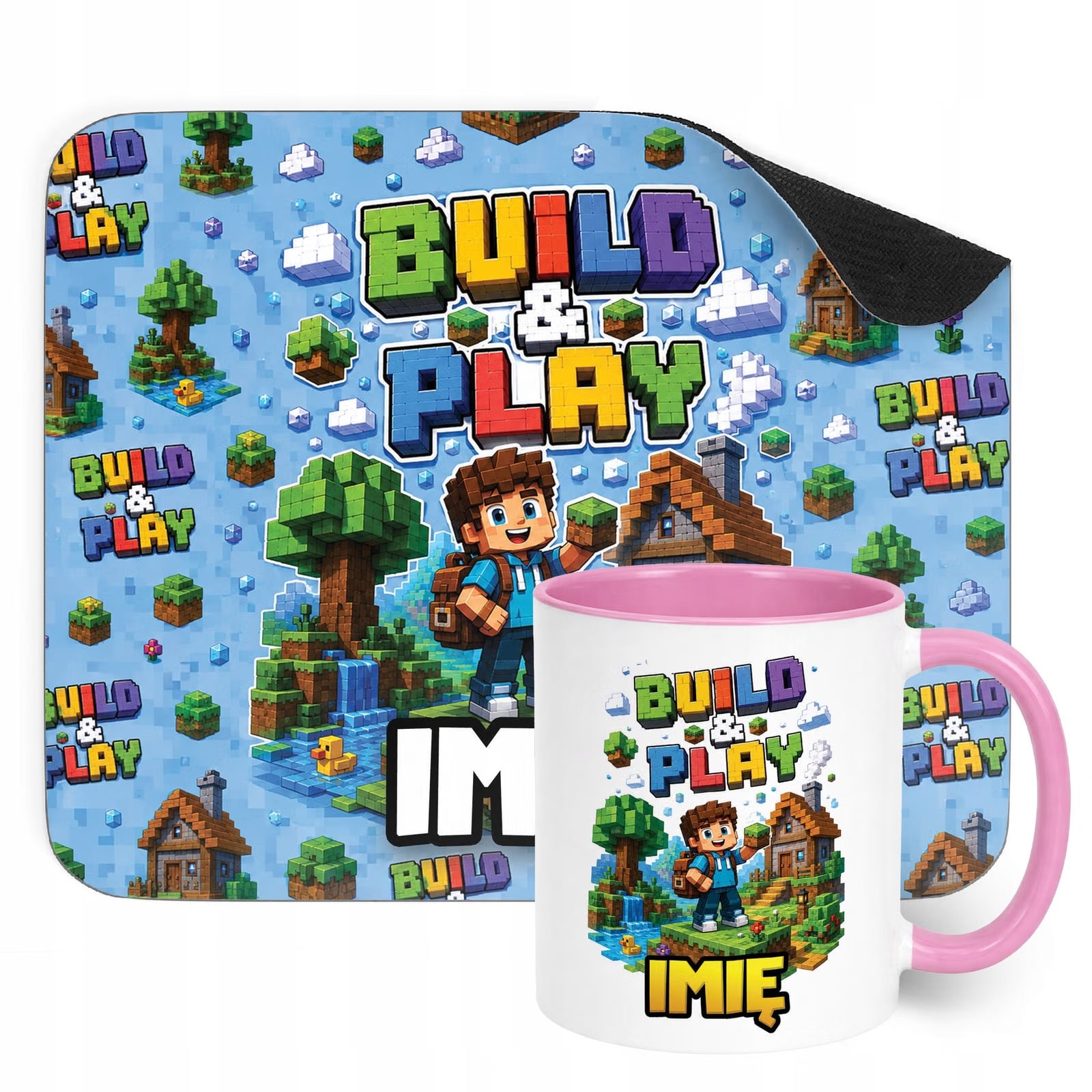 Zestaw personalizowany Kubek Różowy Podkładka pod mysz gra Build&Play