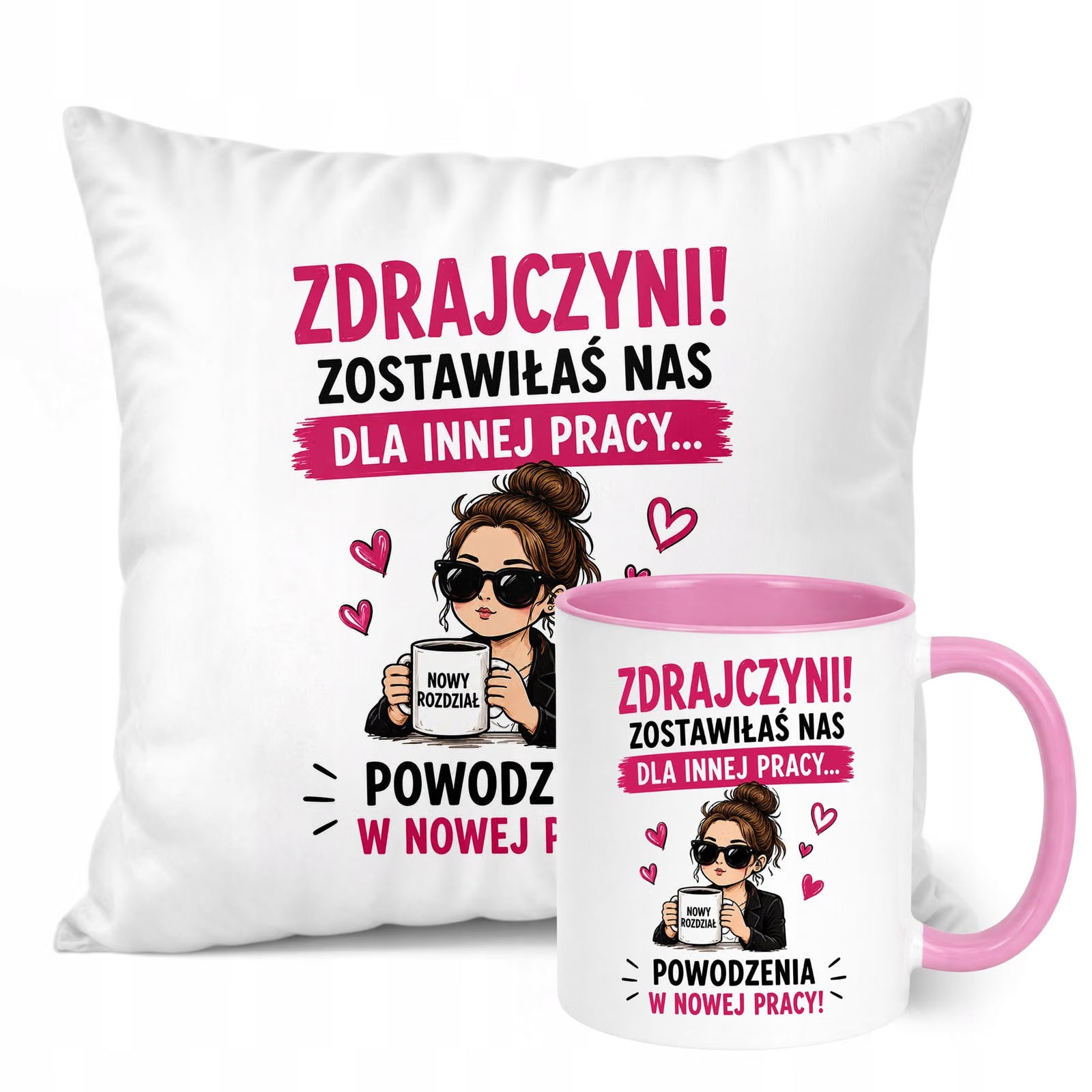 Zestaw Kubek Różowy Poduszka Z Nadrukiem Odejście z Pracy Prezent