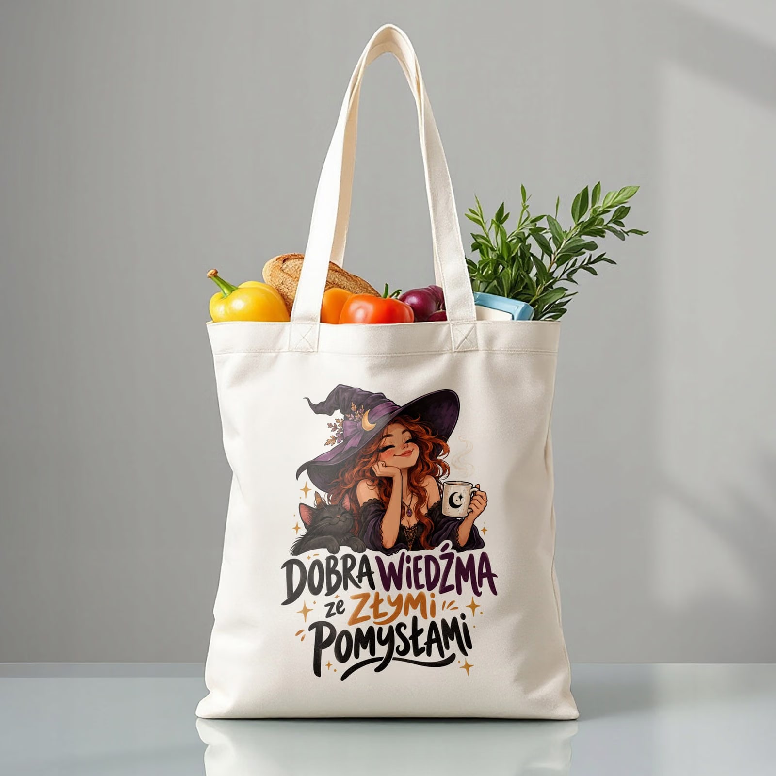 Torba shopper bawełniana wiedźma kobieta na zakupy z nadrukiem