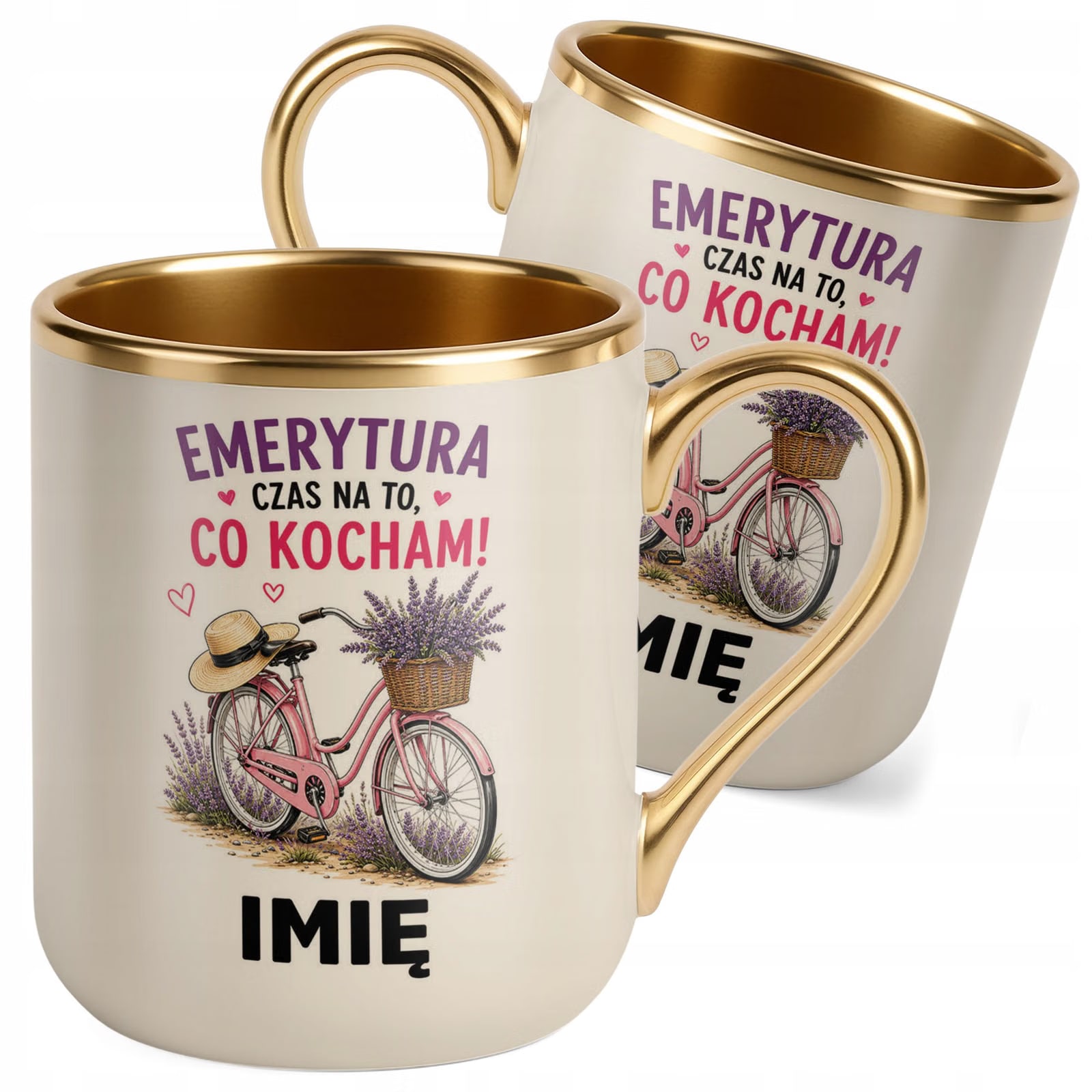 Kubek Personalizowany z nadrukiem Premium Złoty Ecru Emerytura Prezent