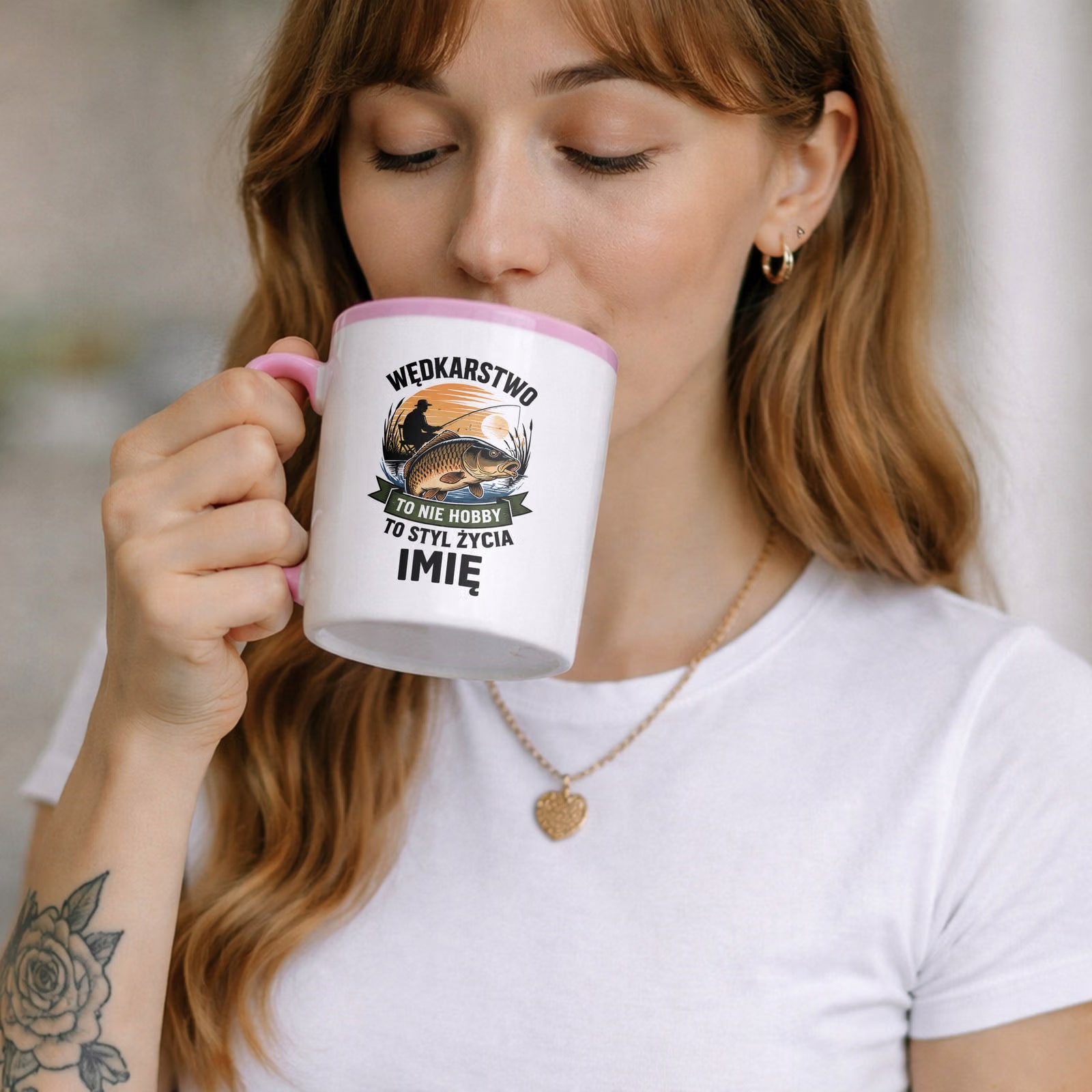 Zestaw Personalizowany Kubek Różowy Poduszka Z Nadrukiem Dla Wędkarza