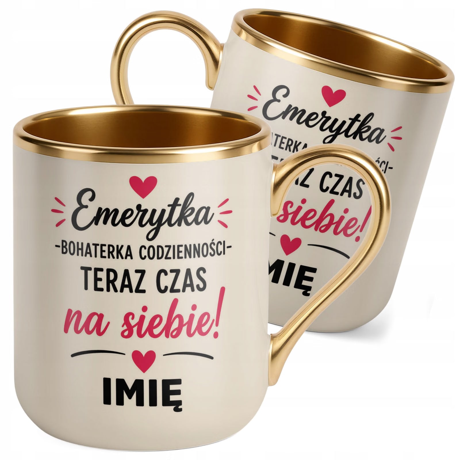 Kubek Personalizowany z nadrukiem Premium Złoty Ecru Emerytura Prezent