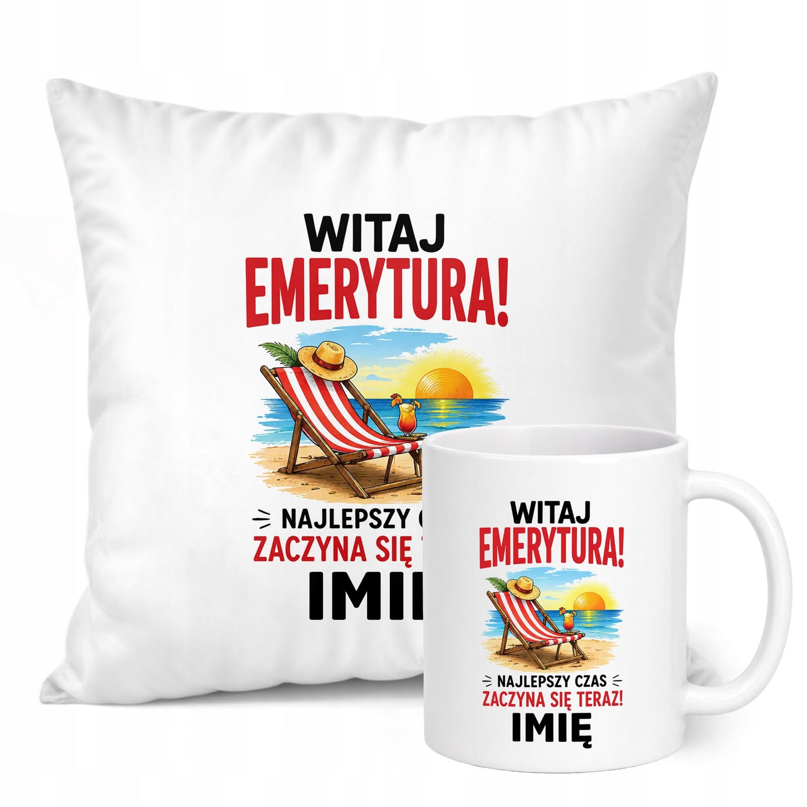 Zestaw Personalizowany Kubek Biały Poduszka Emerytura Upominek Prezent