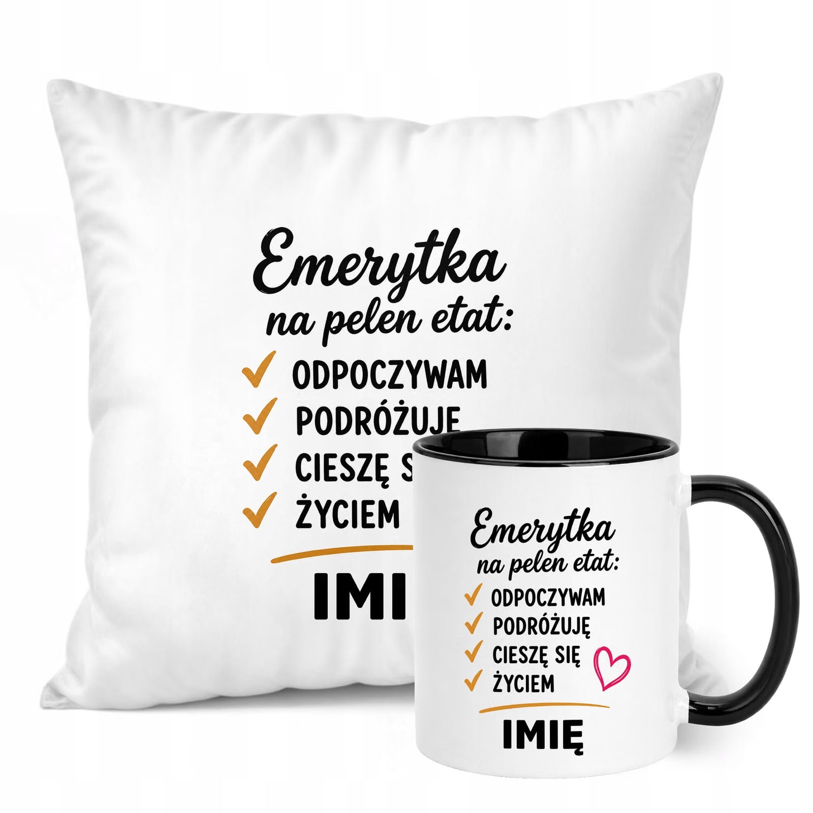 Zestaw Personalizowany Kubek Czarny Poduszka Emerytura Upominek Prezent
