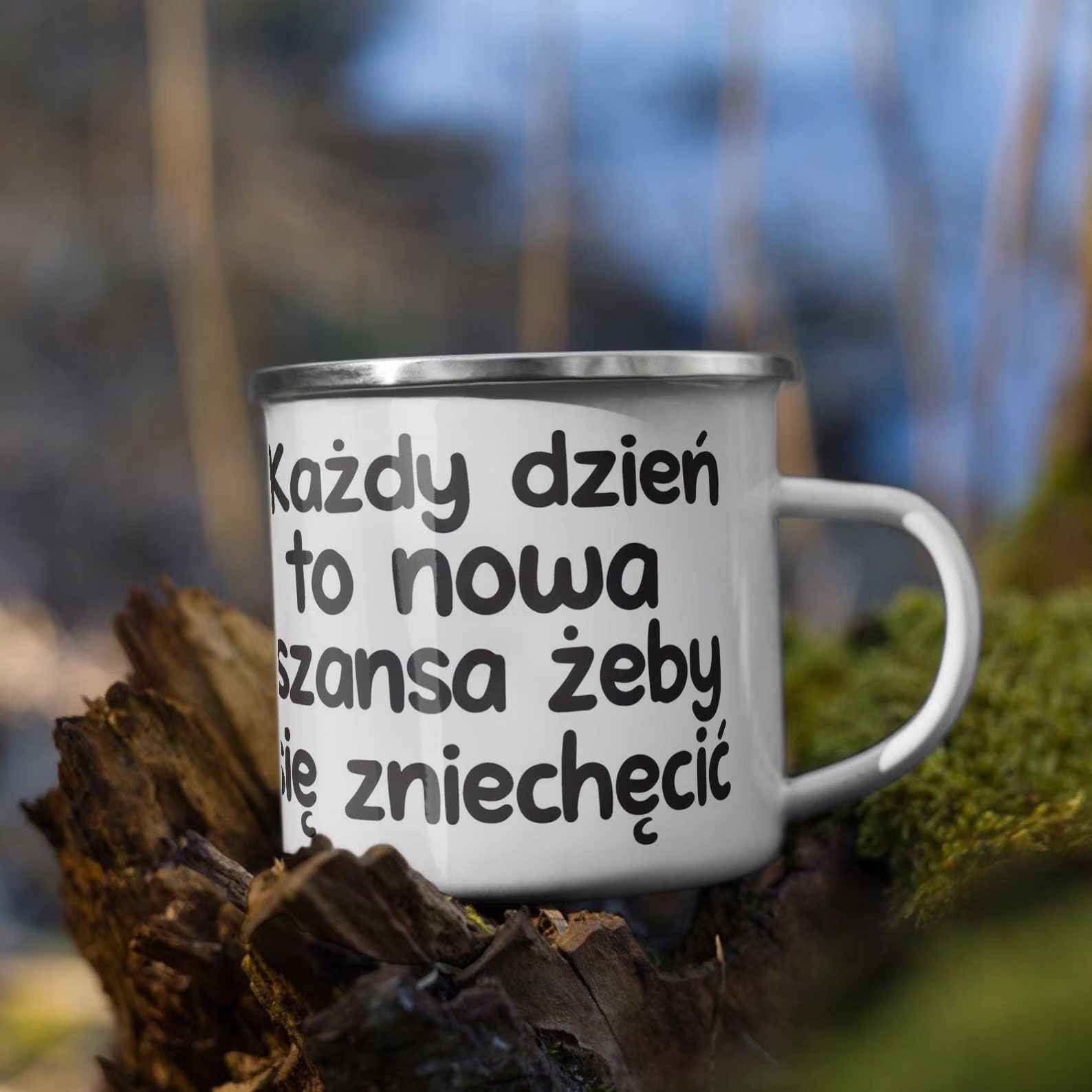 Kubek Emaliowany Każdy Dzień To Nowa Szansa z Nadrukiem Biały Metalowy