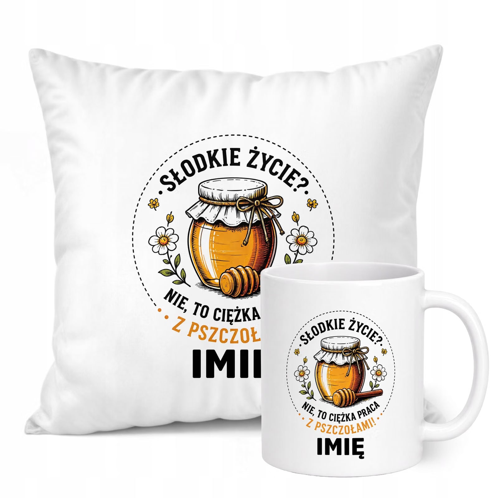 Zestaw Personalizowany Kubek Biały Poduszka Z Nadrukiem Dla Pszczelarza