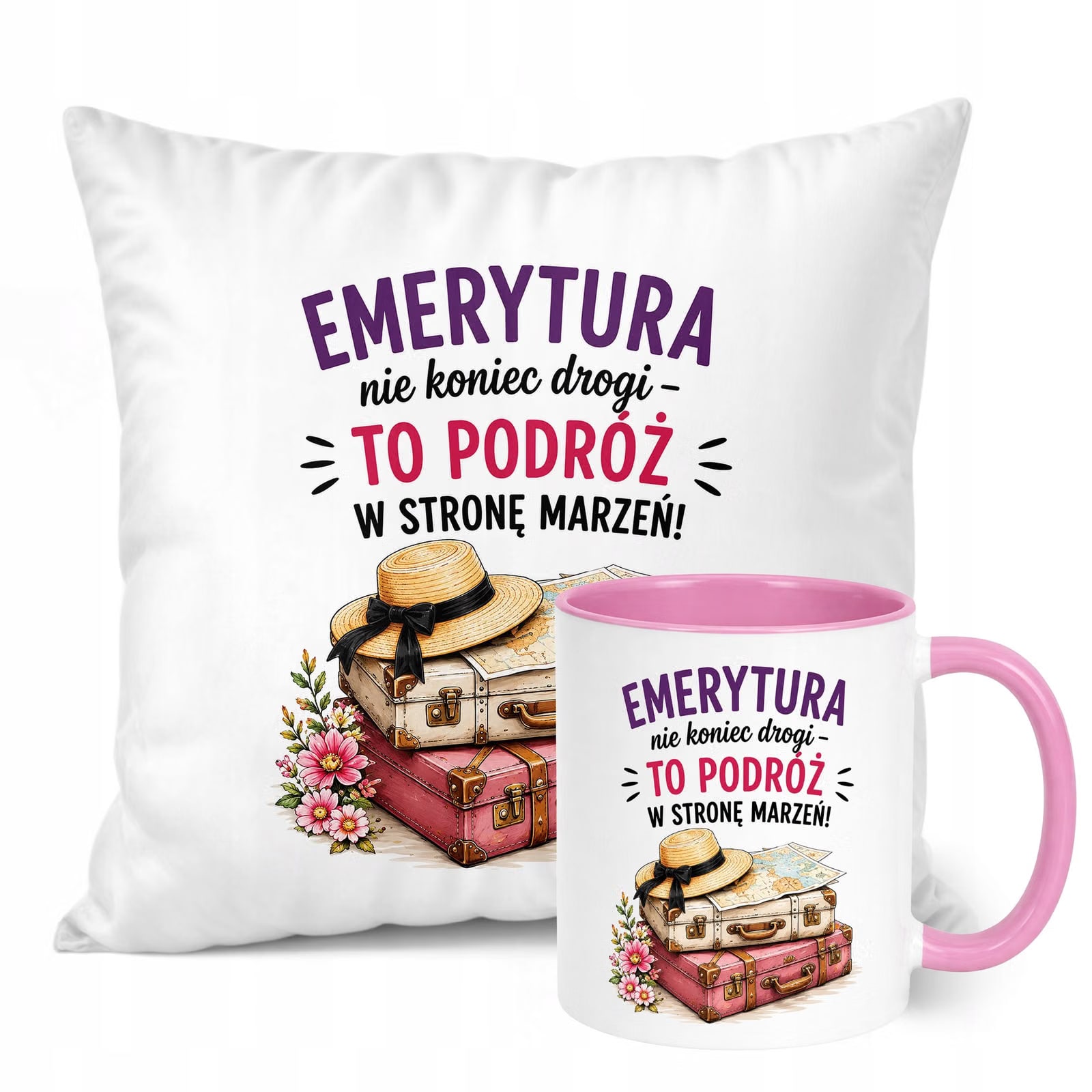 Zestaw Kubek Różowy Poduszka Z Nadrukiem Emerytura Dla Emerytki Prezent