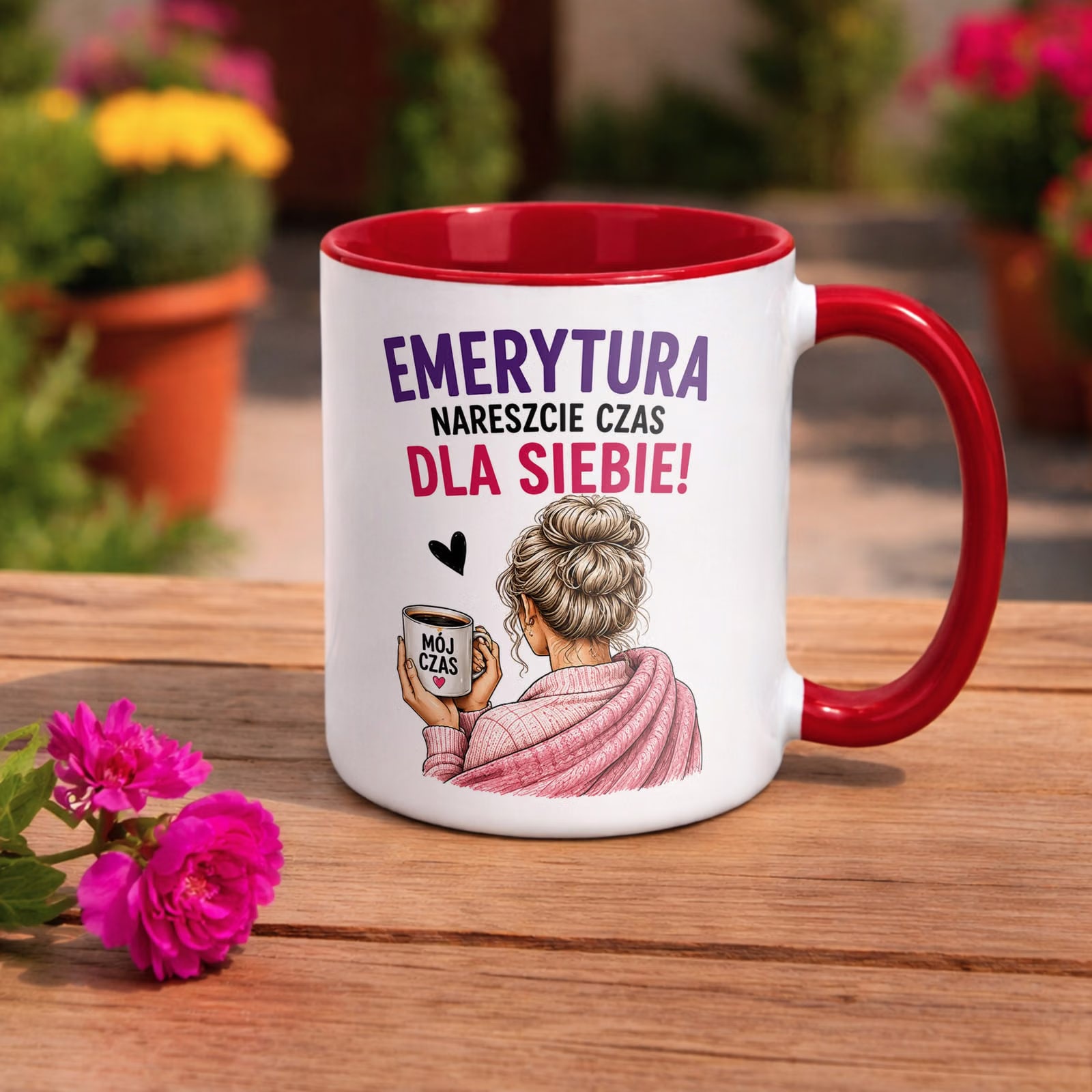 Kubek Czerwony z nadrukiem Emerytura Dla Emerytki Upominek Prezent