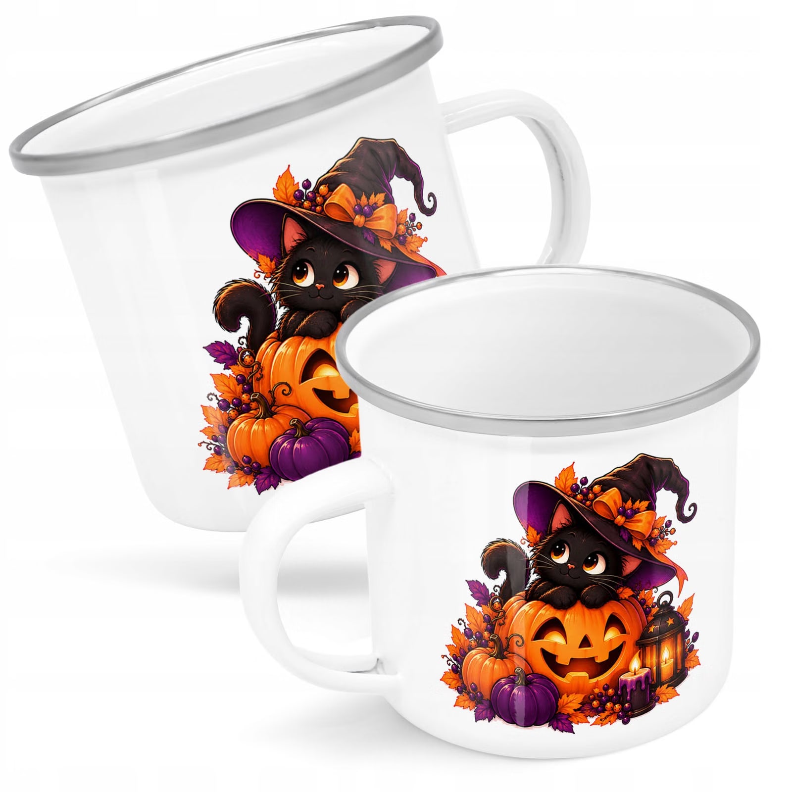 Kubek Emaliowany Halloween Kot Dynia z Nadrukiem Biały Metalowy Prezent
