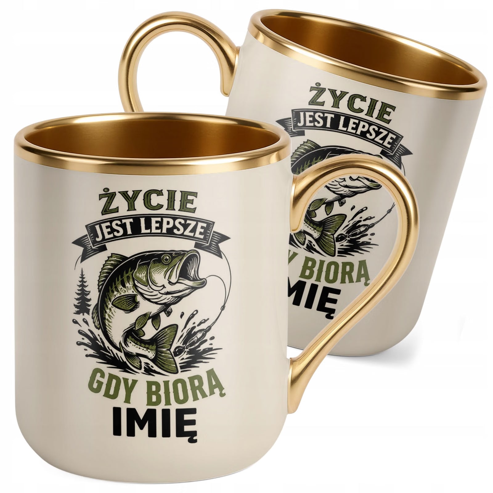 Kubek Personalizowany z nadrukiem Premium Złoty Ecru Dla Wędkarza Prezent