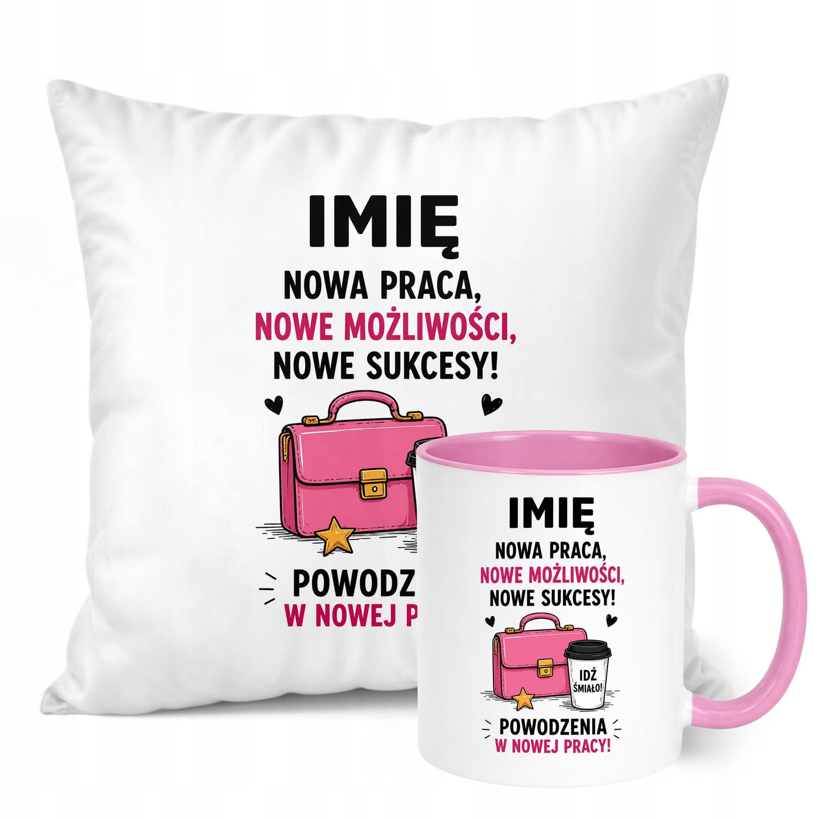 Zestaw Personalizowany Kubek Różowy Poduszka Odejście z Pracy Prezent