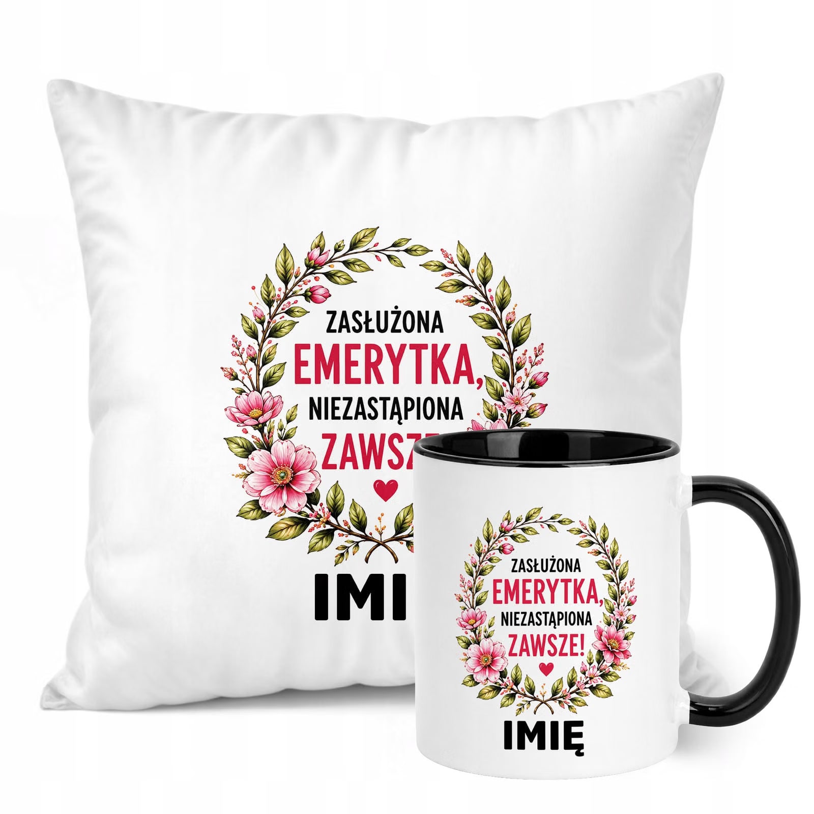 Zestaw Personalizowany Kubek Czarny Poduszka Emerytura Upominek Prezent