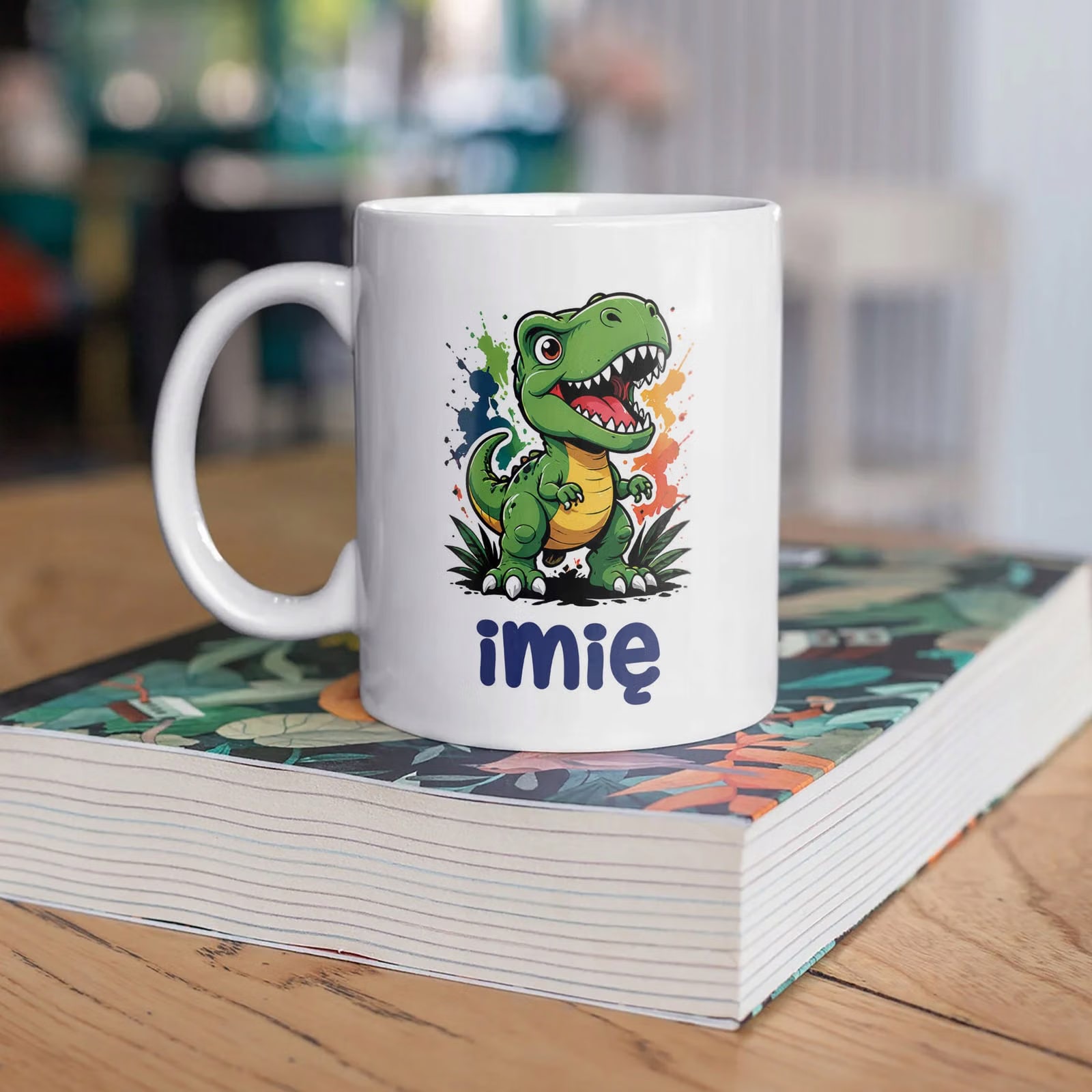 Biały Kubek z nadrukiem personalizowany Dinozaur Dla Dzieci Prezent