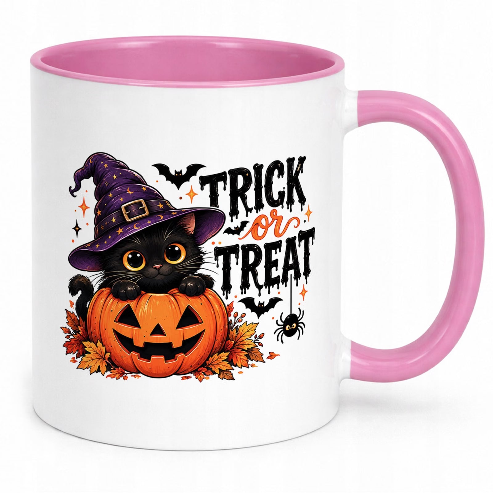 Kubek Różowy z Nadrukiem Halloween Jesień Kot Dynia Prezent Upominek
