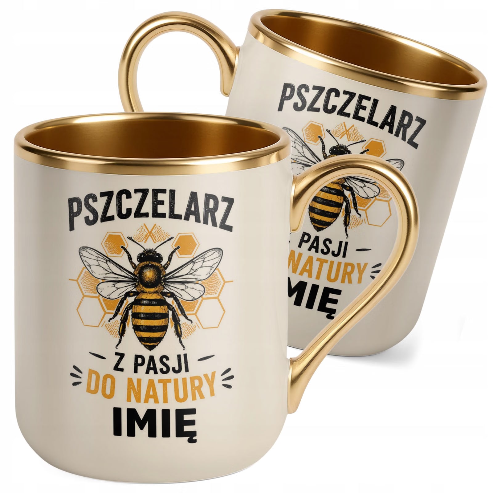 Kubek Personalizowany z nadrukiem Premium Złoty Ecru Dla Pszczelarza
